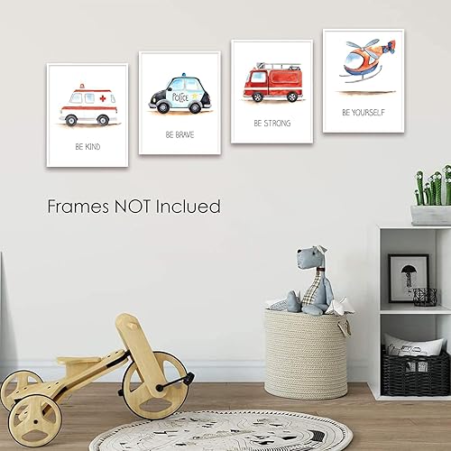 Miniatura 7 de 4 piezas de arte de pared de vehículo de emergencia para decoración de habitación de niños, sin marco, lindo camión de bomberos, ambulancia,