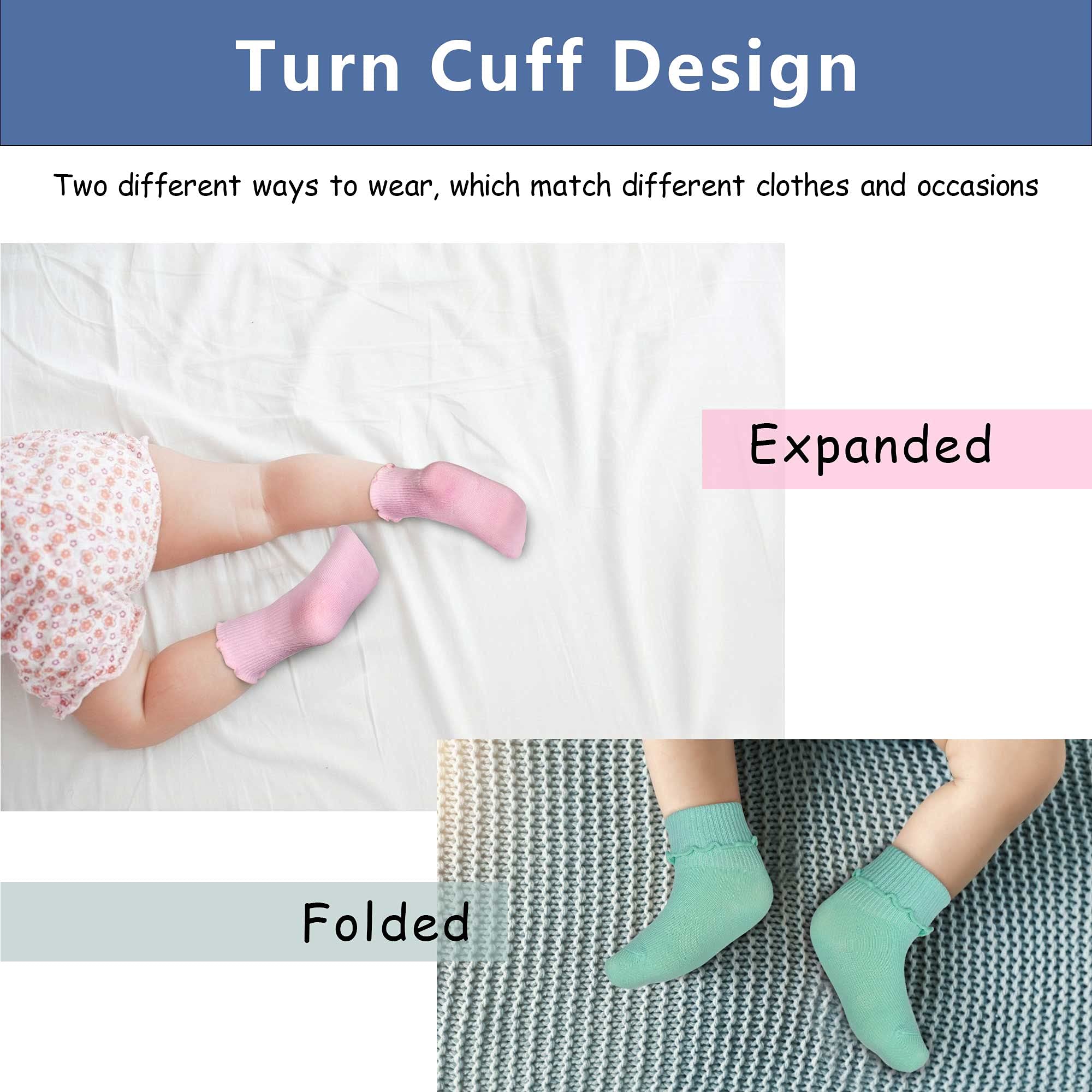 TRAMLE Baby Girls Socks 12 Pack Ruffle Ripple Edge Turn Cuff Ankle Socks Toddlers Infants (0-6 Age)