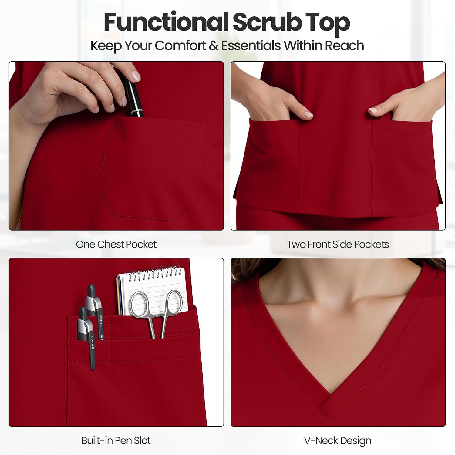 Women's V-Neck Scrub Top with 3 Pockets, 4-Way Stretch Medical Uniform, Soft, Anti-Wrinkle & Easy Care Fabric