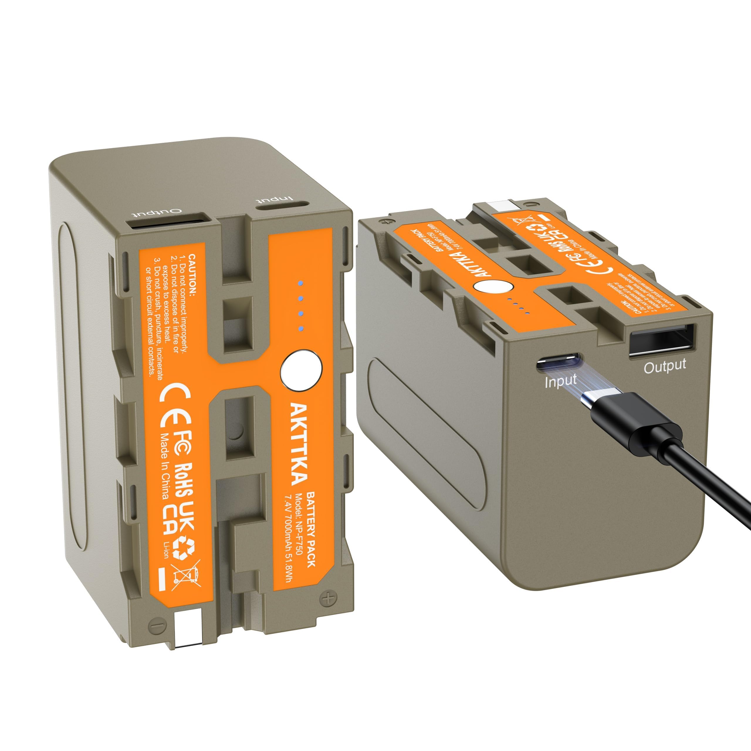 2er-Pack NP-F750 Akku für Sony NP-F970, F750, F550, USB-C Schnellladung Eingang & USB-A Ausgang, Wiederaufladbarer Akku für Kamera, Camcorder, Monitor, LED-Leuchte