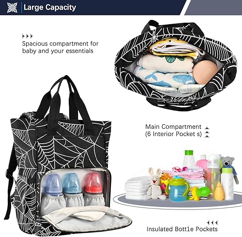 Miniatura 5 de Mochila de tela de araña negra para bebés, niños y niñas, bolsa de viaje con correas para cochecito y almacenamiento de botellas, bolsa de viaje de