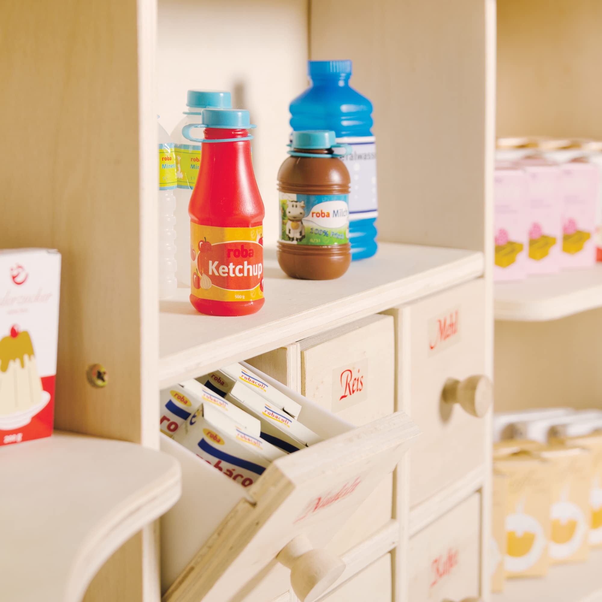 roba Kaufladen, großer Kinder Kaufmannsladen, inkl. Kaufladenzubehör, Holz natur, Verkaufsstand 6 Schubladen, Theke & Seitentheke