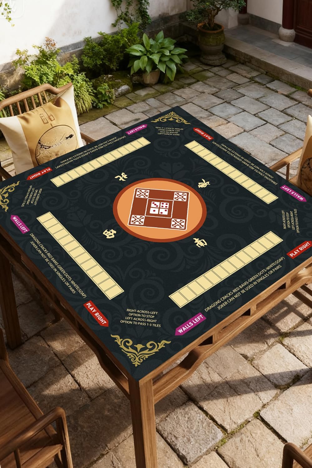 Neoprene Mahjong Mat for Table - Anti-Wrinkle Design & Foldable 31.5x31.5Inch American Mahjongg Table Mat with Learning Rules, Anti-Slip Noise Reduction Includes Carry Bag& 4 Dices(Black)