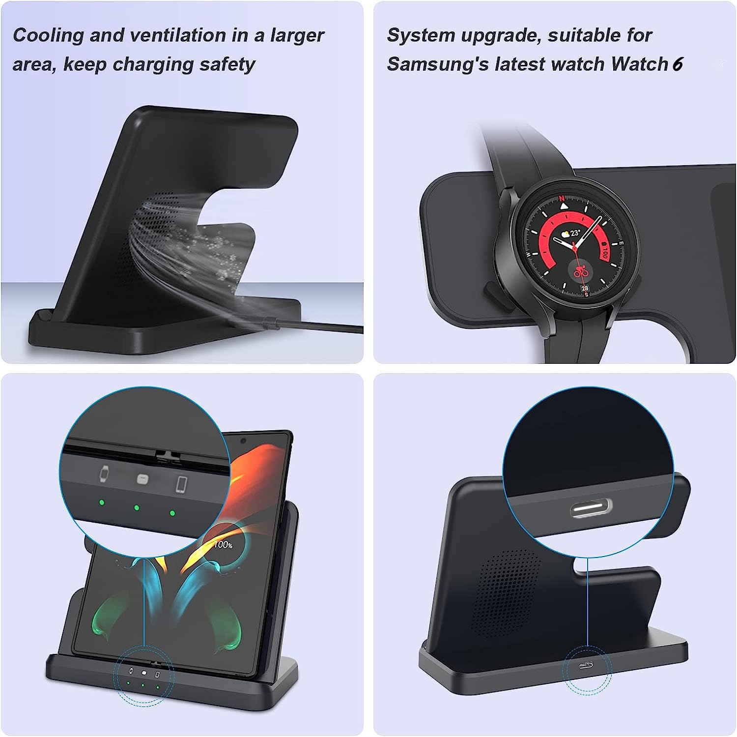 Base de Carga inductiva para Samsung, Cargador inalámbrico 3 en 1 para Galaxy Watch 5/5 Pro/4/3/Active 2/1 Cargador para Samsung Galaxy S24 Ultra S23 S22 S21 Z Flip Z Fold 5 4 Galaxy Buds