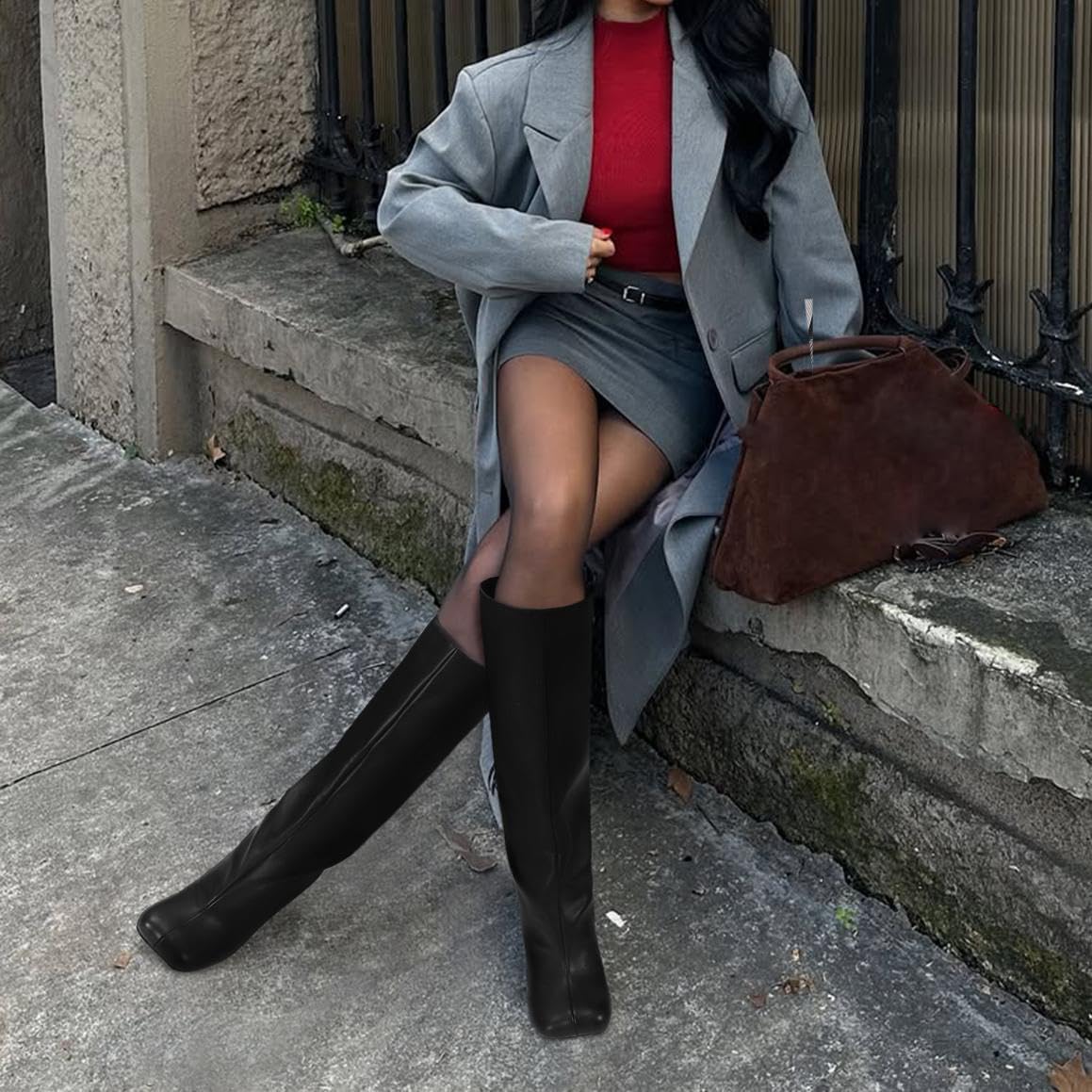 Knee High Boots for Women Faux Suede Wide Calf Square Toe Tall Stiletto Kitten High Heels Thigh Long Fall Boot Pull on Fashion Casual Cute Y2K - Image 4