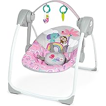 Bright Starts Pink Paradise Portable Compact Automatic Baby Swing with Music, Unisex, Newborn +