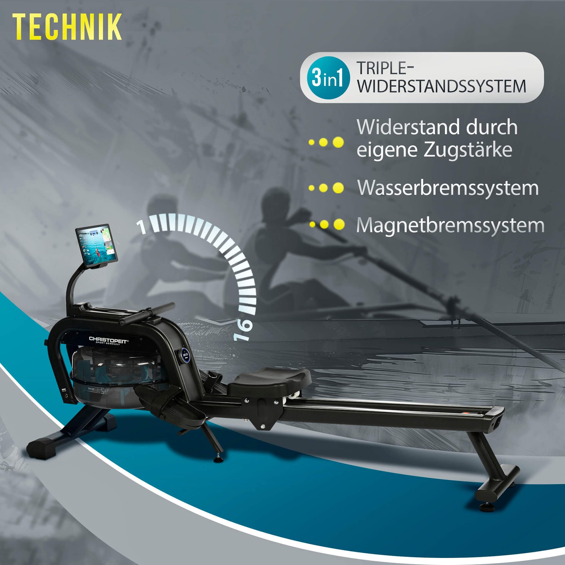 Christopeit Rudergerät für Zuhause – Wasserrudergerät WP 2000 oder Garda - Aluminium-Schiene - Bluetooth - bis 120 kg