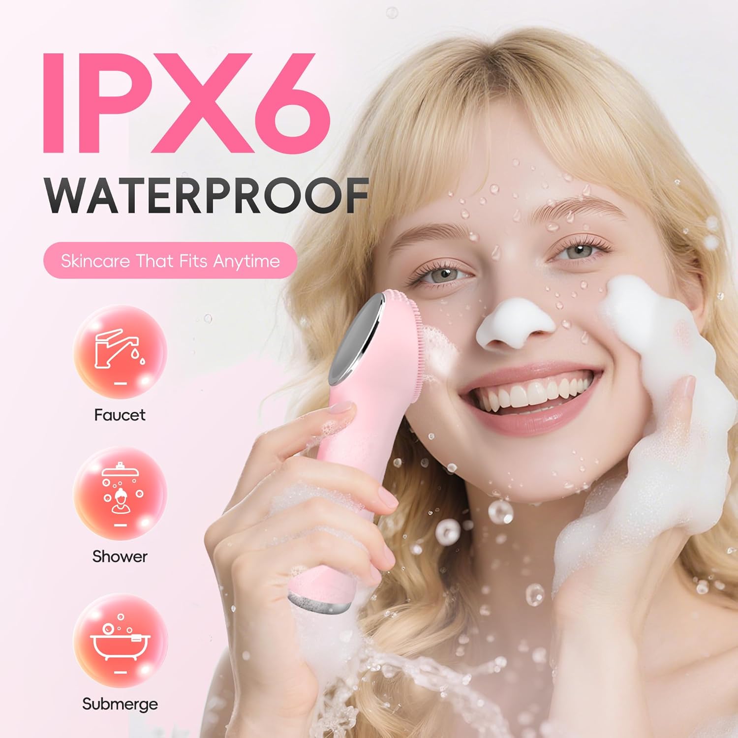 Facial Cleansing Brush, 2 in 1 Rechargeable Silicone Face Scrubber with Heat Massage Head, Electric Vibrating Exfoliating and Massaging, Waterproof Face Cleanser for Women and Men (Pink) - Image 2