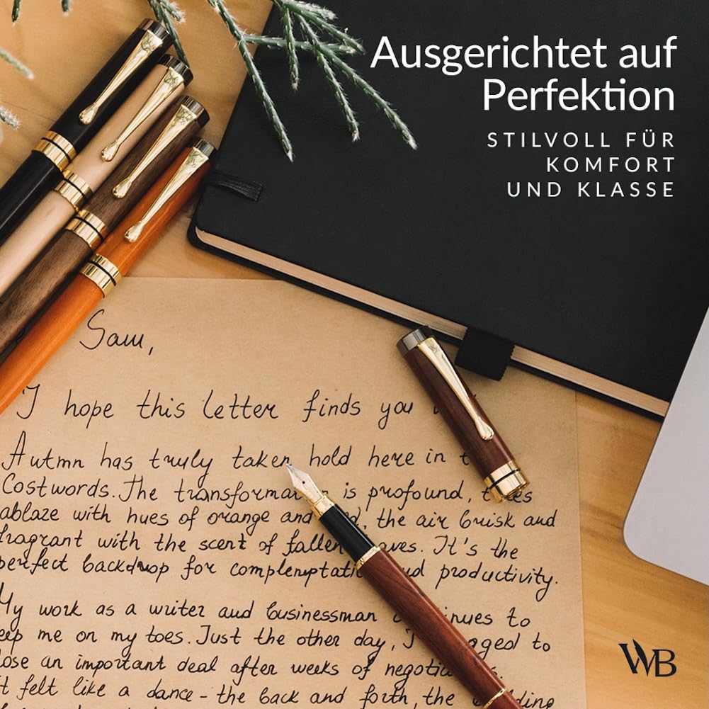 Wordsworth & Black Füllfederhalter Set, Premium Bambusholz - Mittlere Feder, Geschenketui; Enthält 6 Tintenpatronen, Tinten Nachfüll Konverter - Journaling, Kalligraphie, [Rosenholz]