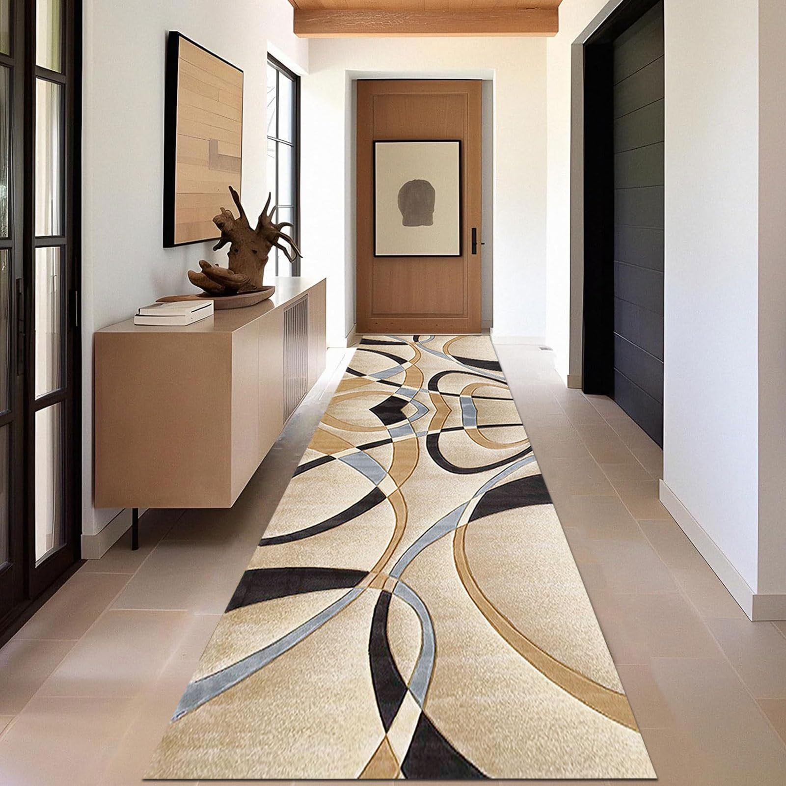 Modern Hall Carpet Runner BCF BASE brown Flowers Stars 60-150cm extra long RUGS | eBay UK