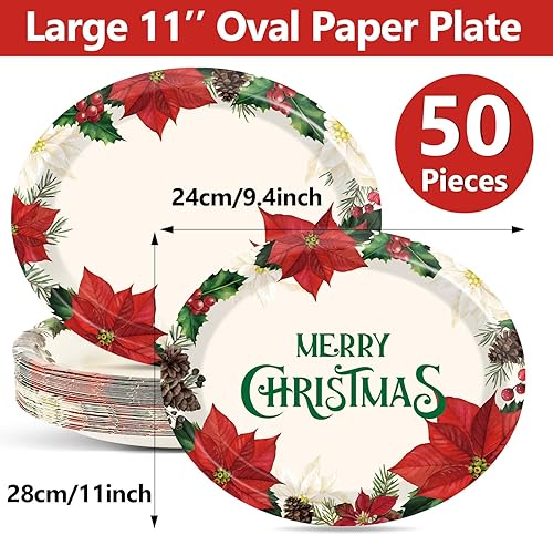 Miniatura 2 de 50 platos de papel ovalados de Navidad grandes de 11 pulgadas desechables para flores de pascua, platos de cena florales de invierno, bandeja de