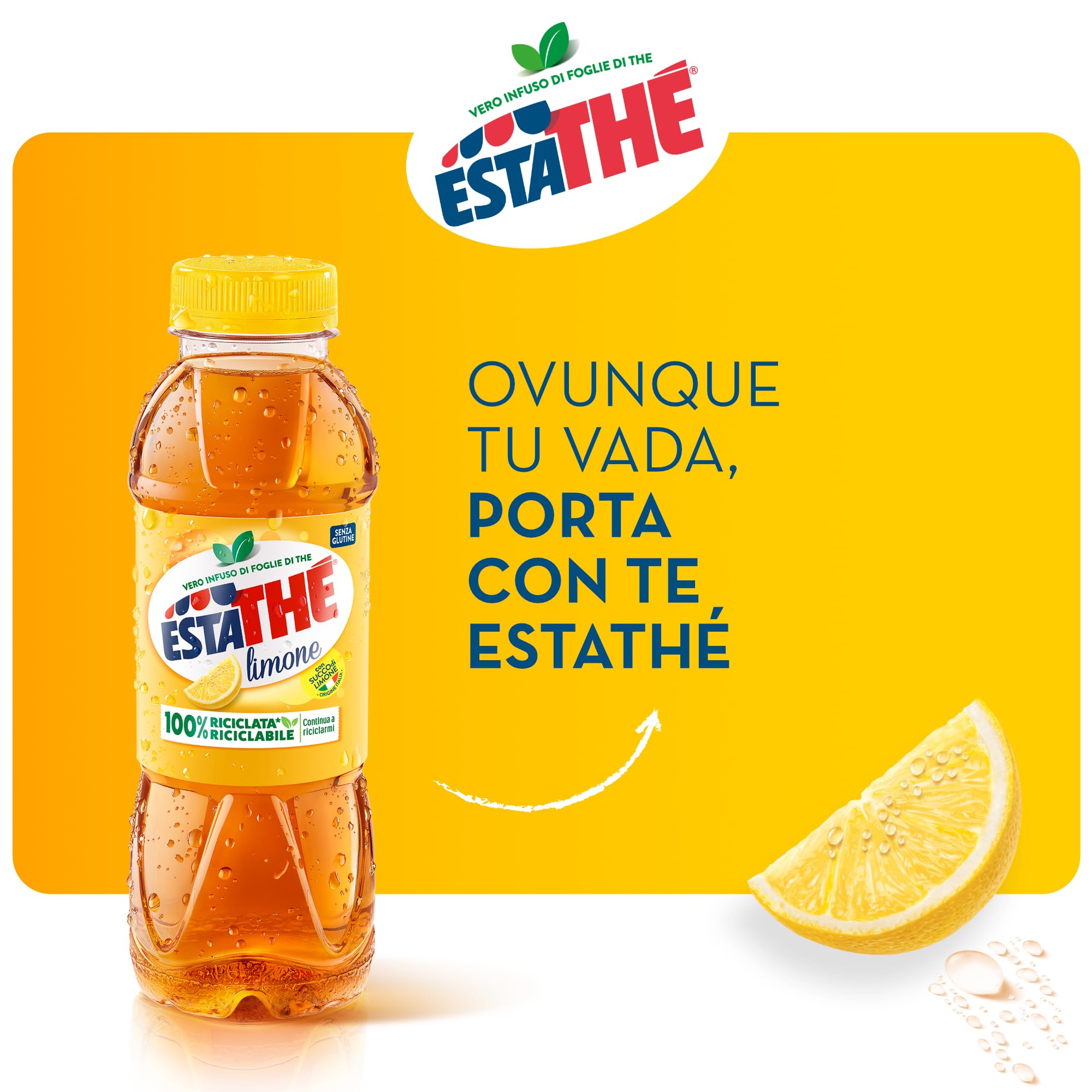 Estathé Limone - The Freddo con Vero Infuso di Foglie di The e Succo di Limone, Bevanda Analcolica Senza Glutine, 12 Bottiglie da 400 ml