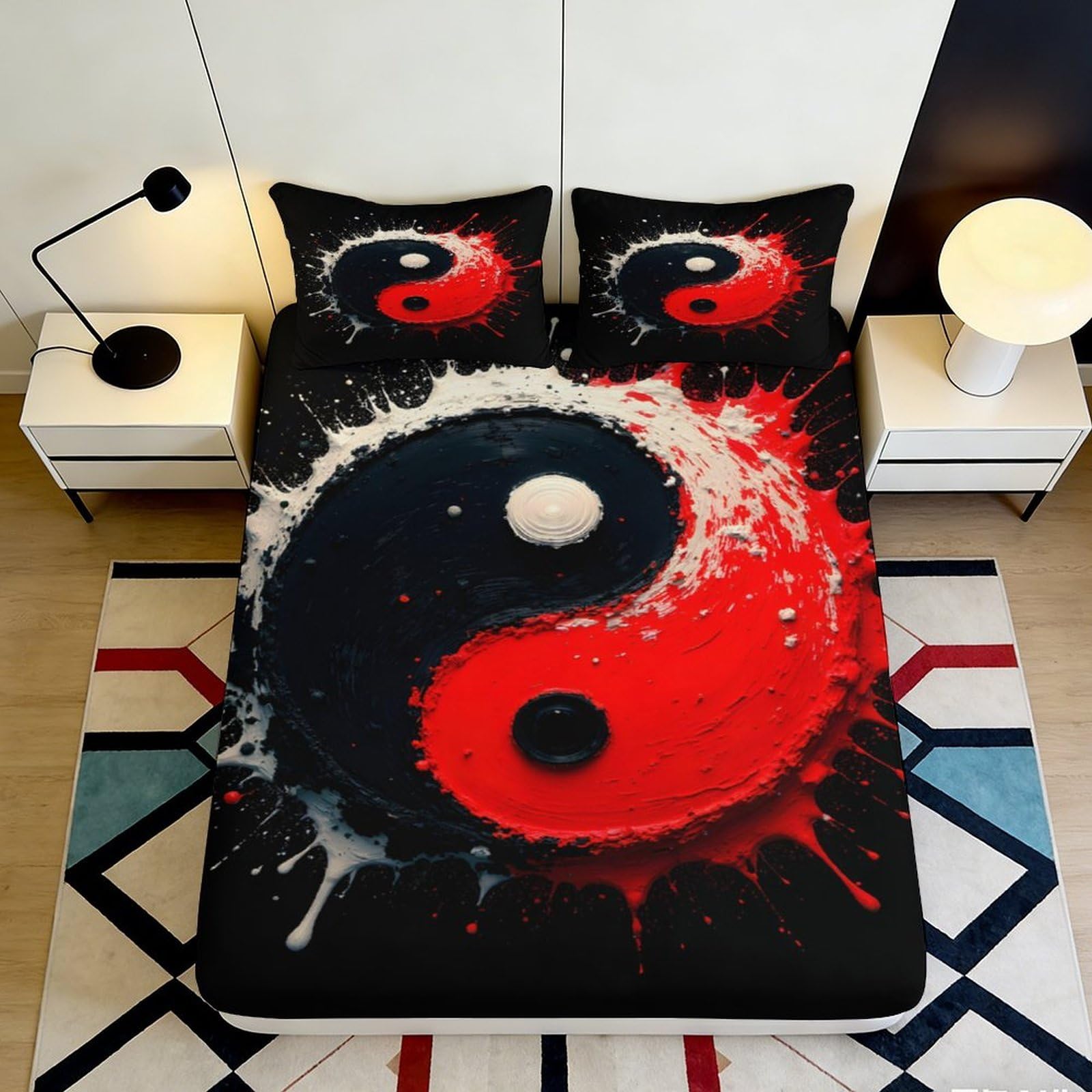 3D Printed Yin Yang Splash Fitted Sheet Microfiber Black Red Bed Cover for Bedroom Dorm Mattress Protection Decor 160x200x25cm