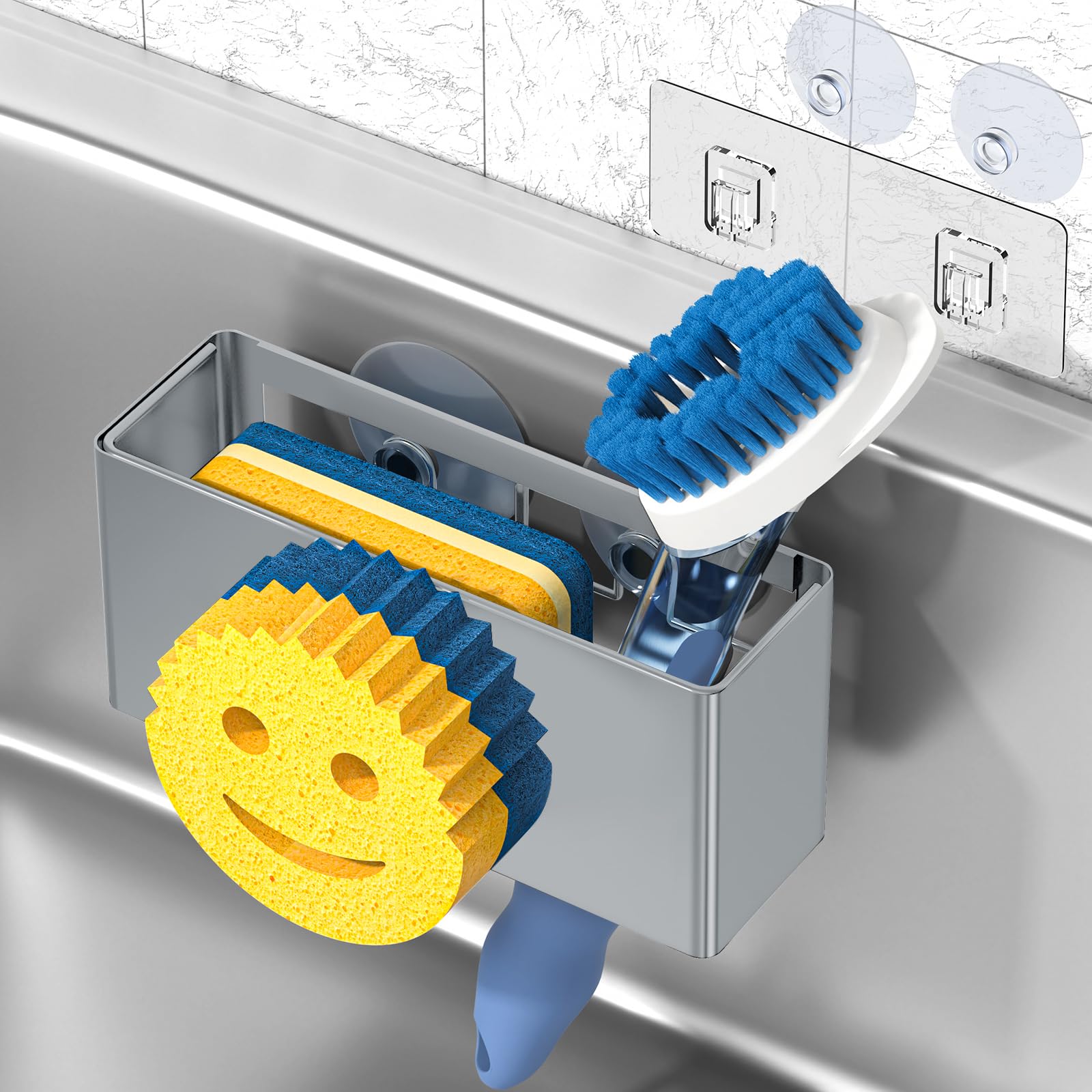 Sink Caddy with Suction Holder, Stainless Steel Kitchen Sink Organization for Smiley Face Sponge, Dish Brush, Soap - Gray