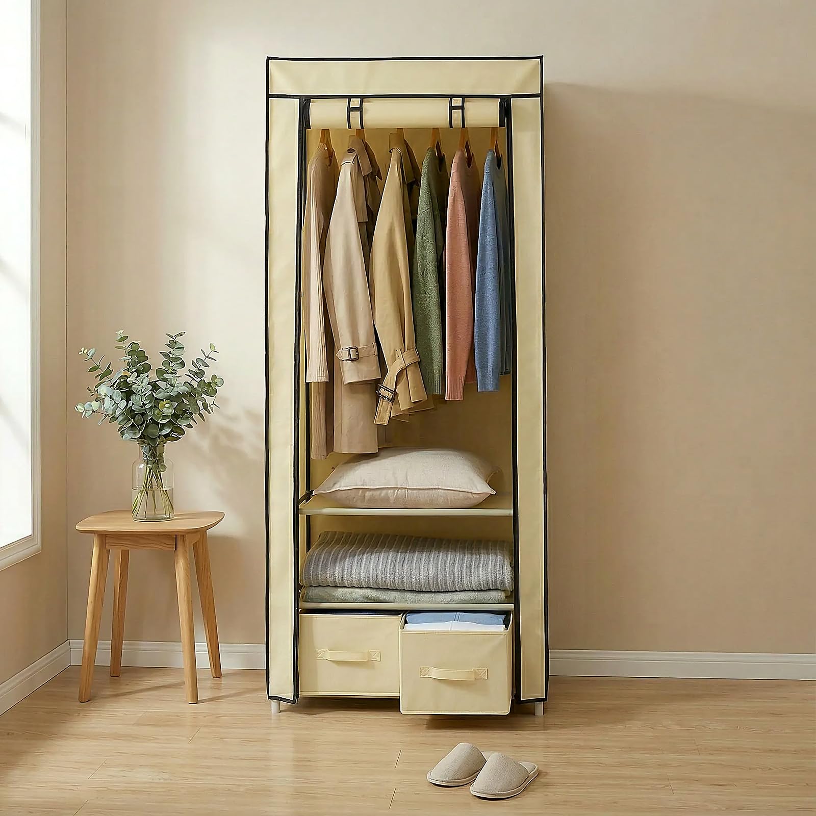 Hododou, Armadio in tela singolo, con 2 cassetti e asta appendiabiti, pieghevole e portatile, per conservare abiti, borse, giocattoli, scarpe, per soggiorno e camera da letto, 160 x 59 x 43 cm (beige)