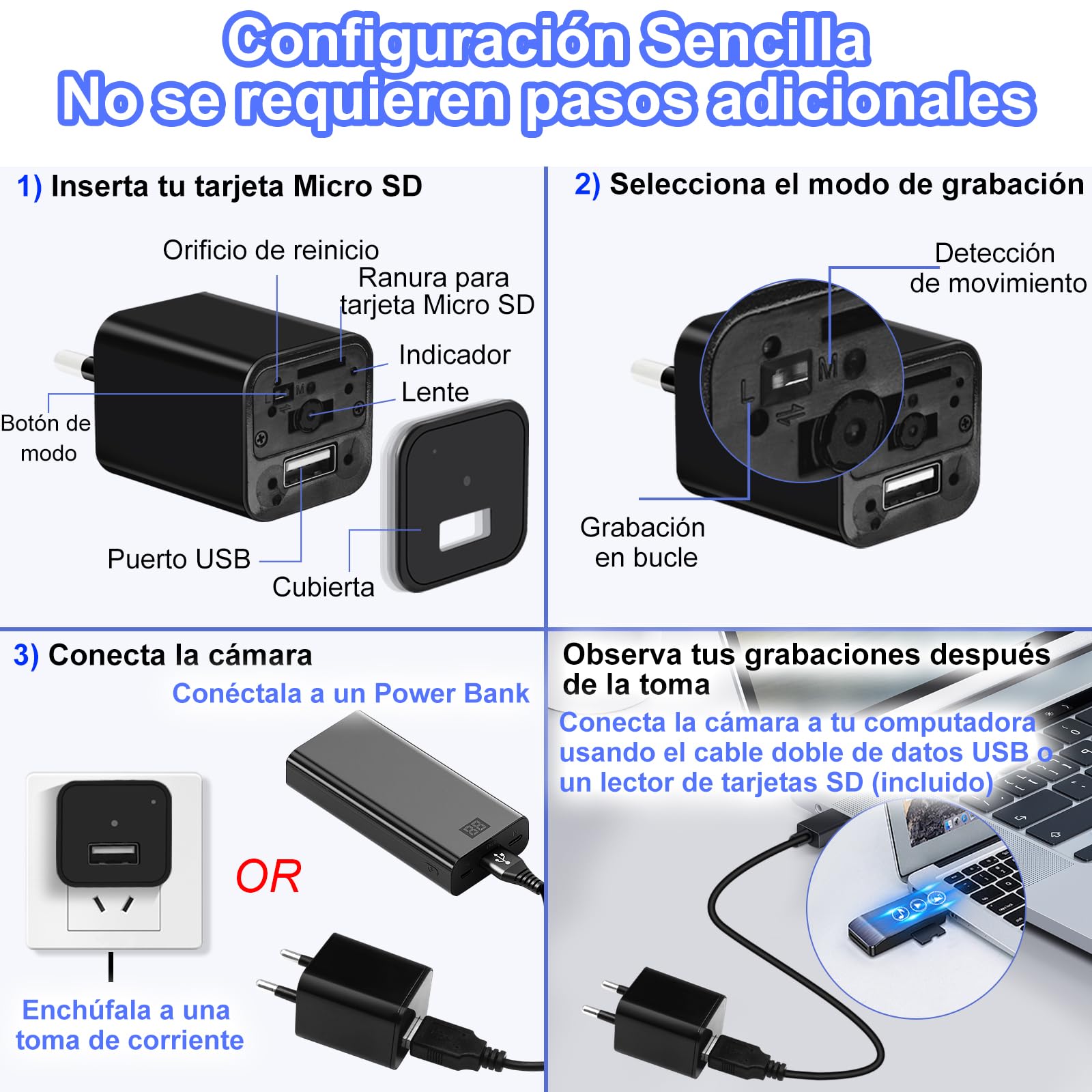 TANGMI Camara Espia Cargador USB 1080P HD Oculta | Sin WiFi, Grabacion Bucle, Deteccion Movimiento, Invisible, SD 128GB, Plug and Play