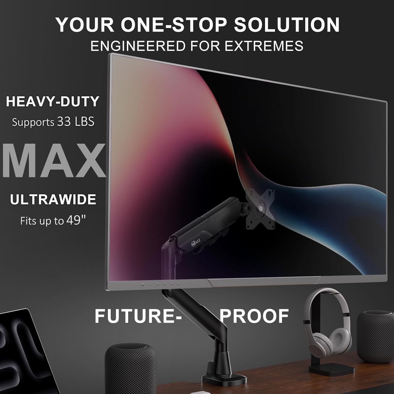 WALI Heavy Duty Single Monitor Arm for 17-49 Inch Flat Curved Ultrawide Screens, up to 33 Lbs, Adjustable Gas Spring Single Monitor Desk Mount for Home Office Gaming, VESA 75/100mm (GSM001XLN), Black 17"-49" Single Arm
