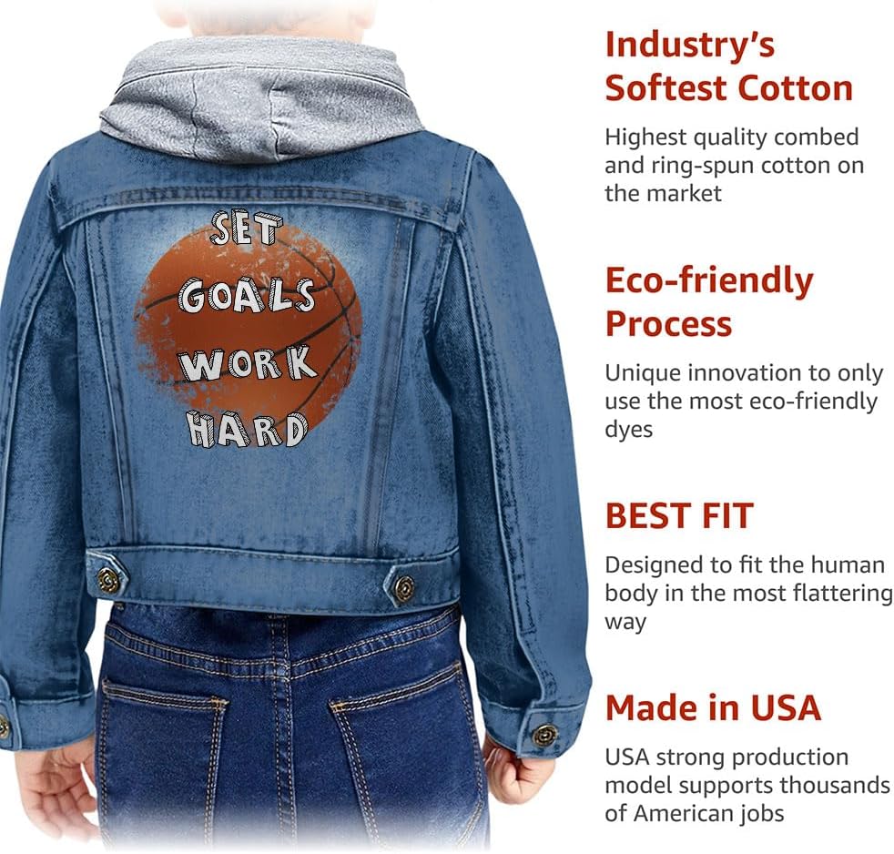 Set Goals Work Hard Toddler Hooded Denim Jacket - Basketball Lovers Gifts - Boys Clothing