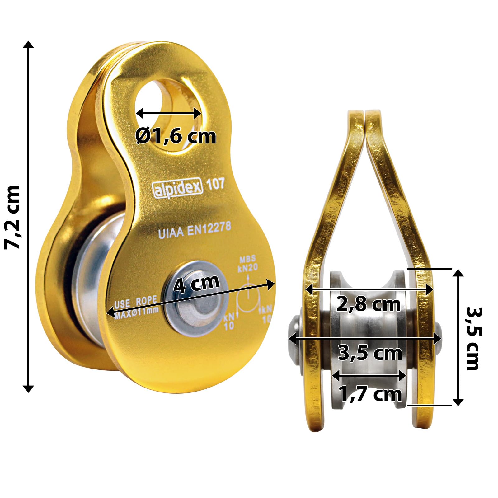 ALPIDEX Polea 20 kN | Polea Móvil | Bloque de Polea | Norma EN12278 | Cuerdas hasta 11 mm Diámetro | Polipasto de Cuerda | Sistema de Polea Cable