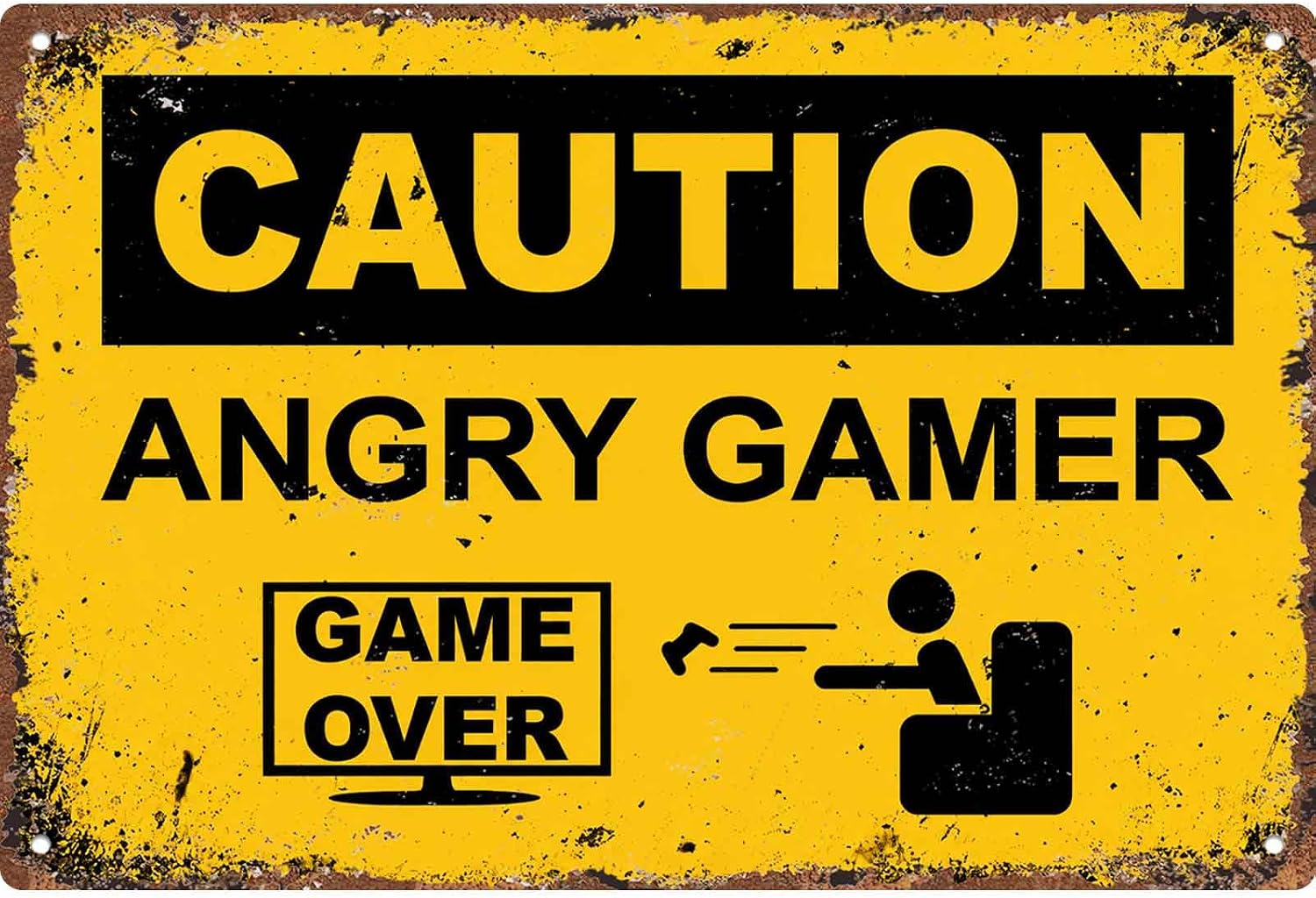 Caution Angry Gamer Game Over Metal Sign 12x8 Inch