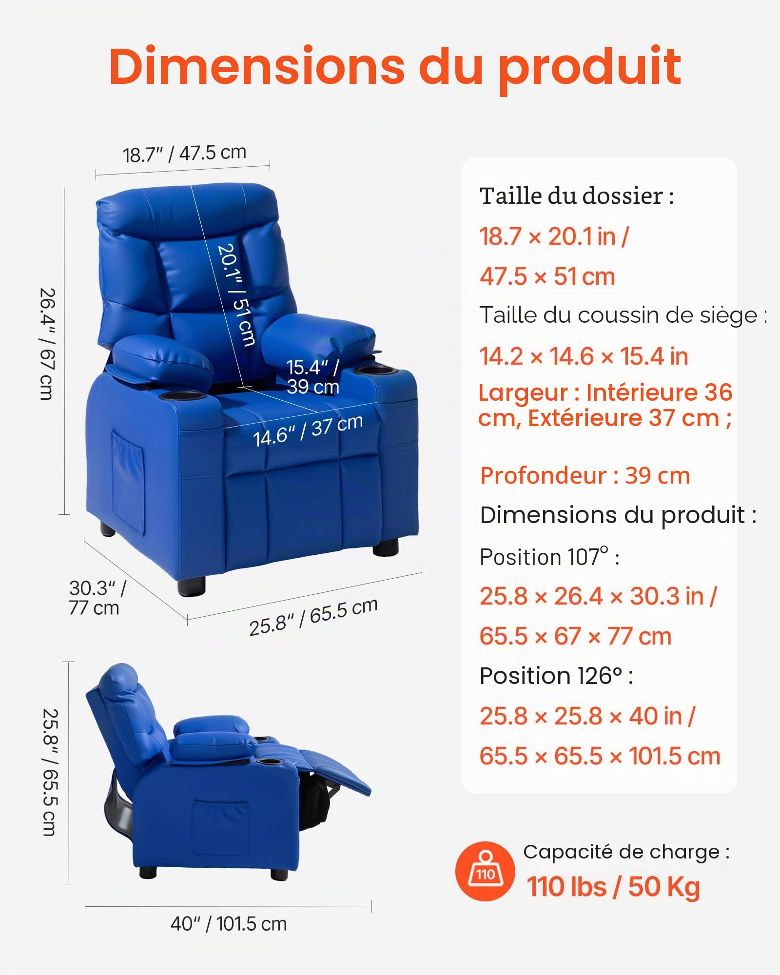 VEVOR Fauteuil inclinable pour enfants, chaise relax ergonomique avec 2 porte-gobelets, 4 poches et repose-pieds, dossier réglable 107°-126°, en cuir PU facile à nettoyer, pour chambre d’enfants, bleu