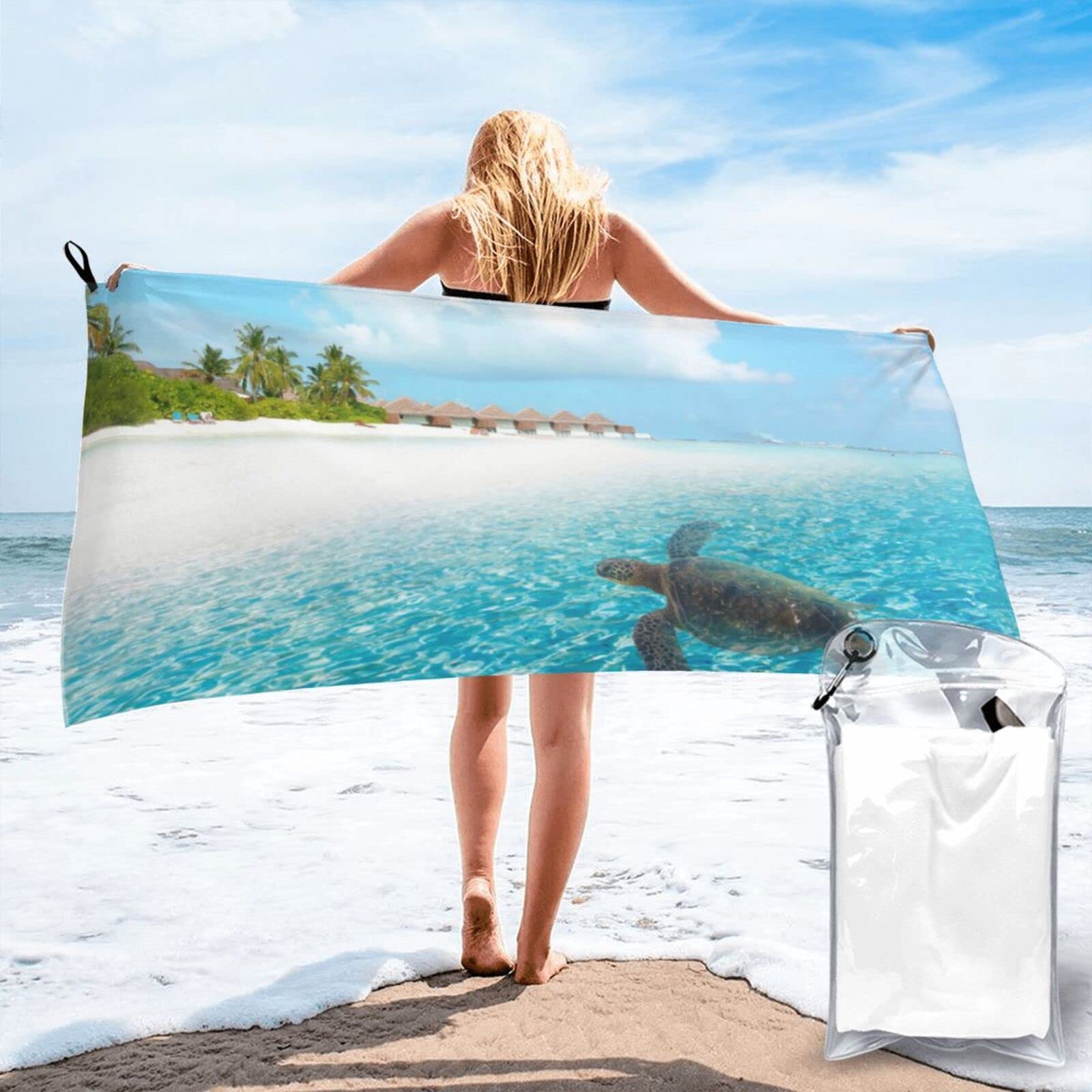 Lawenp Hawaiian Green Sea Turtle 1 Microfiber Beach Towel Adults Large Quick Drying Bath Towel Travel Towels with Pouch 31.5"x63"