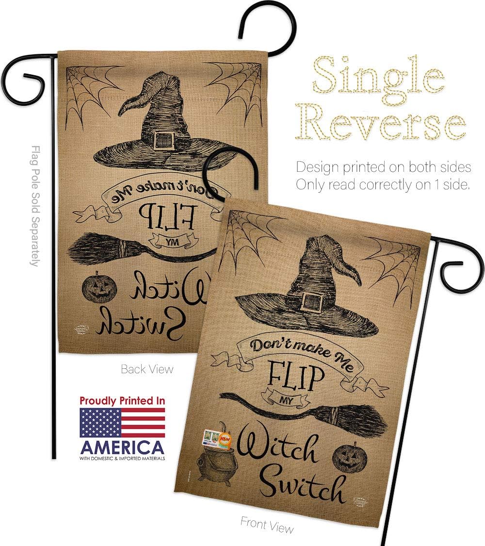 Flip my Witch Switch Garden Flag Set Wall Holder Falltime Halloween Trick or Treat Spooky Night Black Cat Season Autumntime Pumpkin Small Gift Yard House Banner Made In USA 13 X 18.5