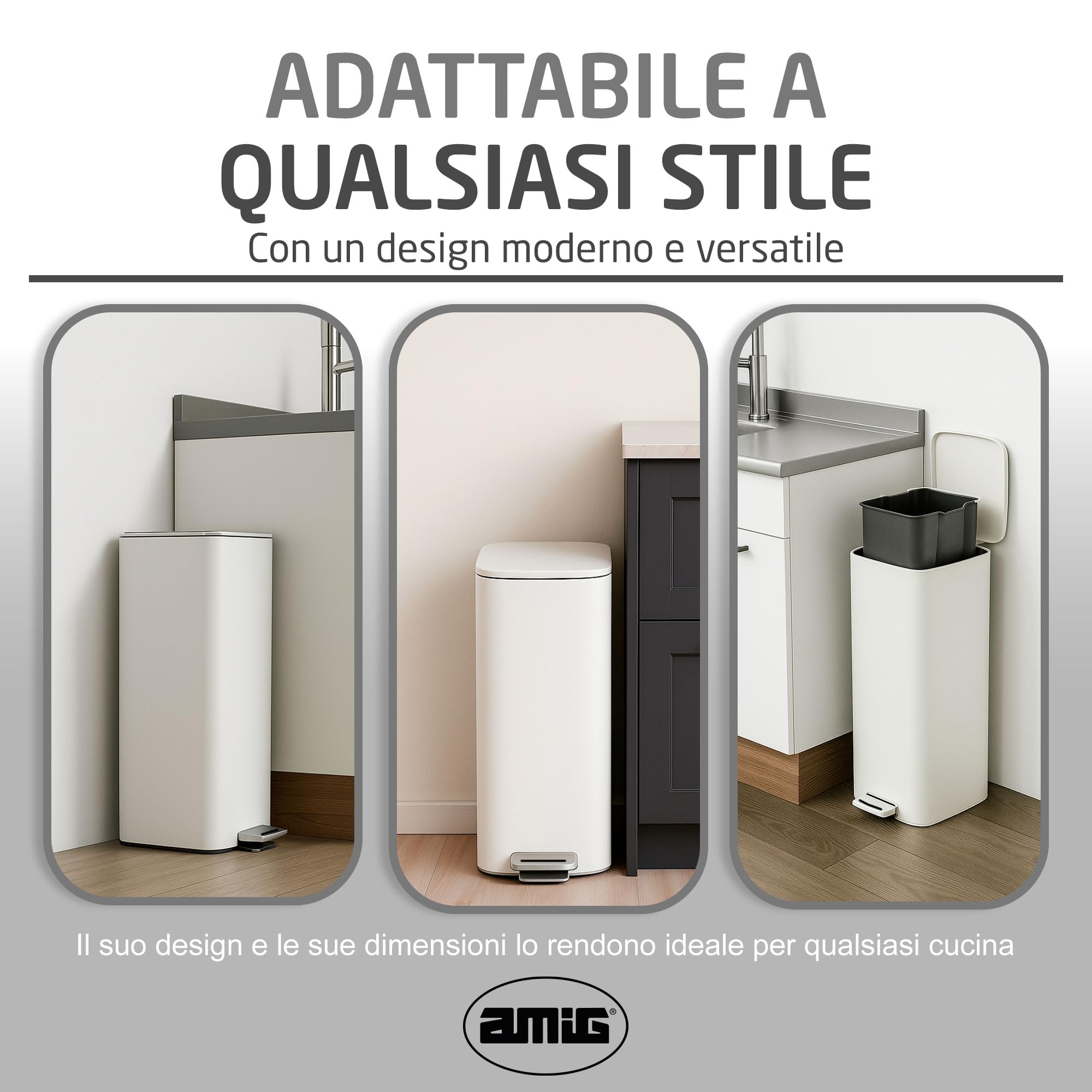 Amig - Pattumiera con pedale 30 litri Mod. Artvin - Colore bianco - Apertura igienica senza mani - 27 x 36 x 65 cm - Acciaio inox laccato - Cestino da cucina con coperchio ermetico