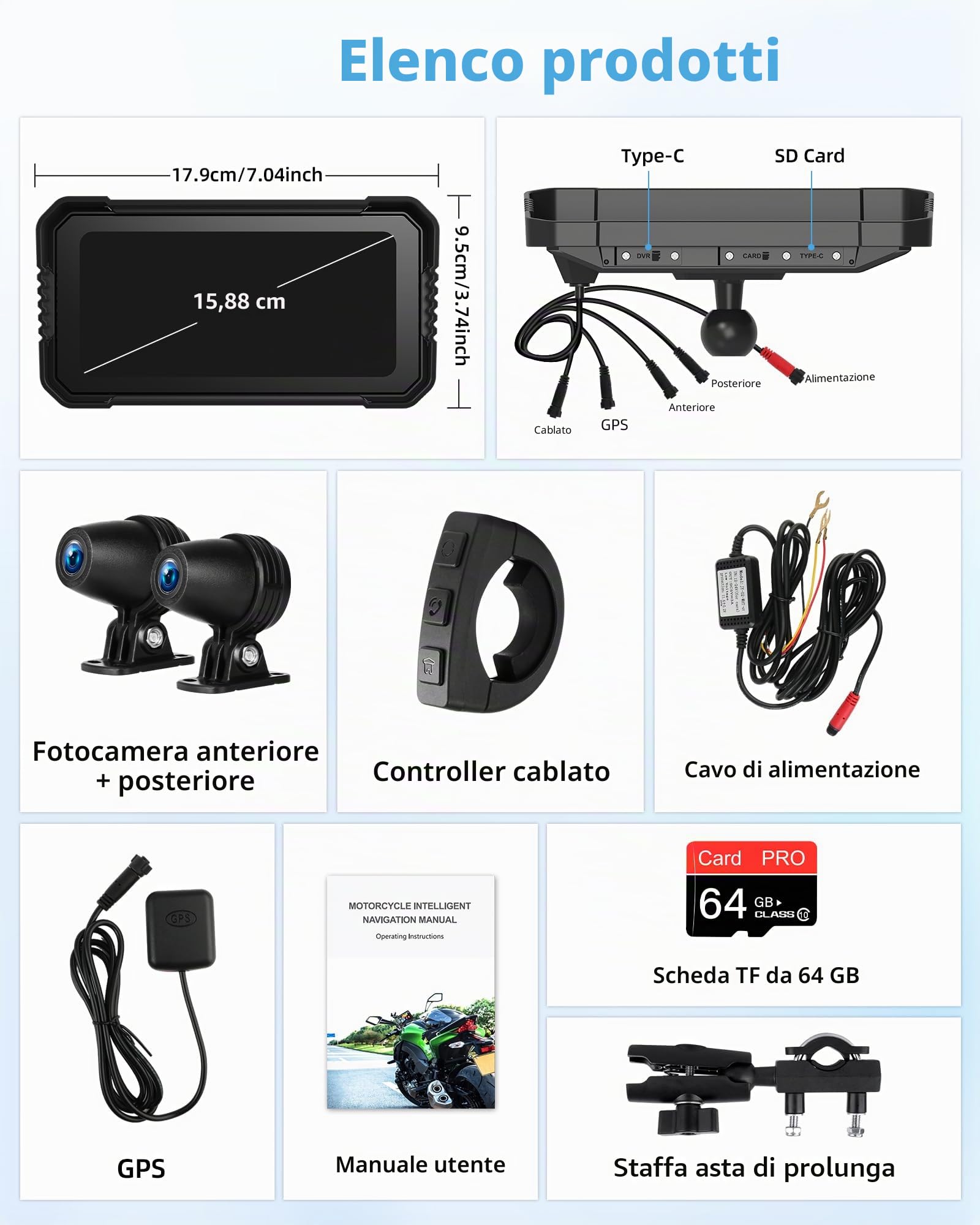 4K Carplay Moto Android Auto Motociclett acon Dashcam, 6,25 Pollici Carplay moto Schermo Navigatore Moto GPS Dashcam IP67 Impermeabile Touchscreen Bluetooth 64G TF