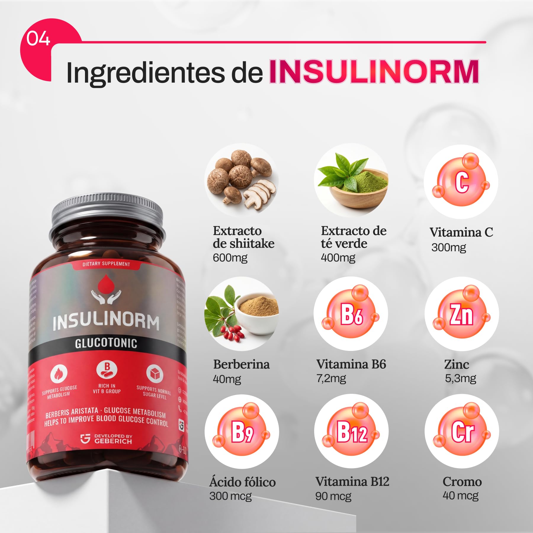 Cápsulas INSULINORM | con Berberina 40 mg, Shiitake 600 mg, Té Verde 400 mg | Mantenimiento de Niveles Normales de Azúcar en Sangre | 30 Cápsulas