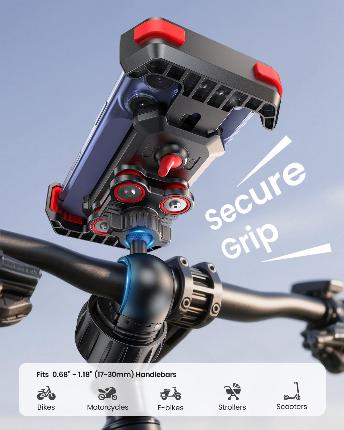 LOXP Support de téléphone anti-secousses pour moto – Double amortisseur de vibrations 2026, support de téléphone universel pour iPhone 17/16/15/14/13 et Android 4,7-7", support de guidon pour vélo