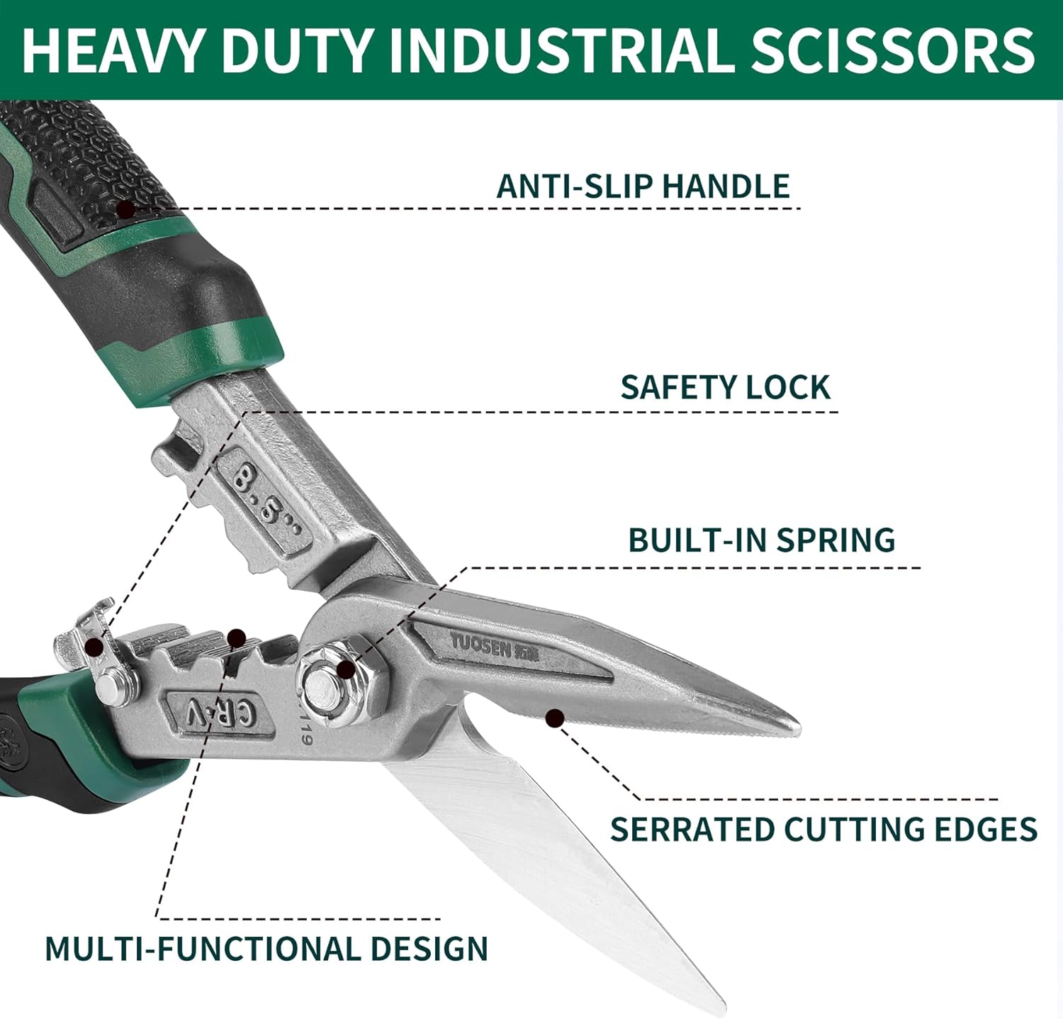 Heavy Duty Industrial Scissors, 8.5", CR-V Steel, Serrated Blades, Built-in Spring-Loaded Design, Cuts Aluminum Sheet, Wire Mesh, Plastic, Rubber Hose, Carpet, Cardboard, Left/Right-Handed