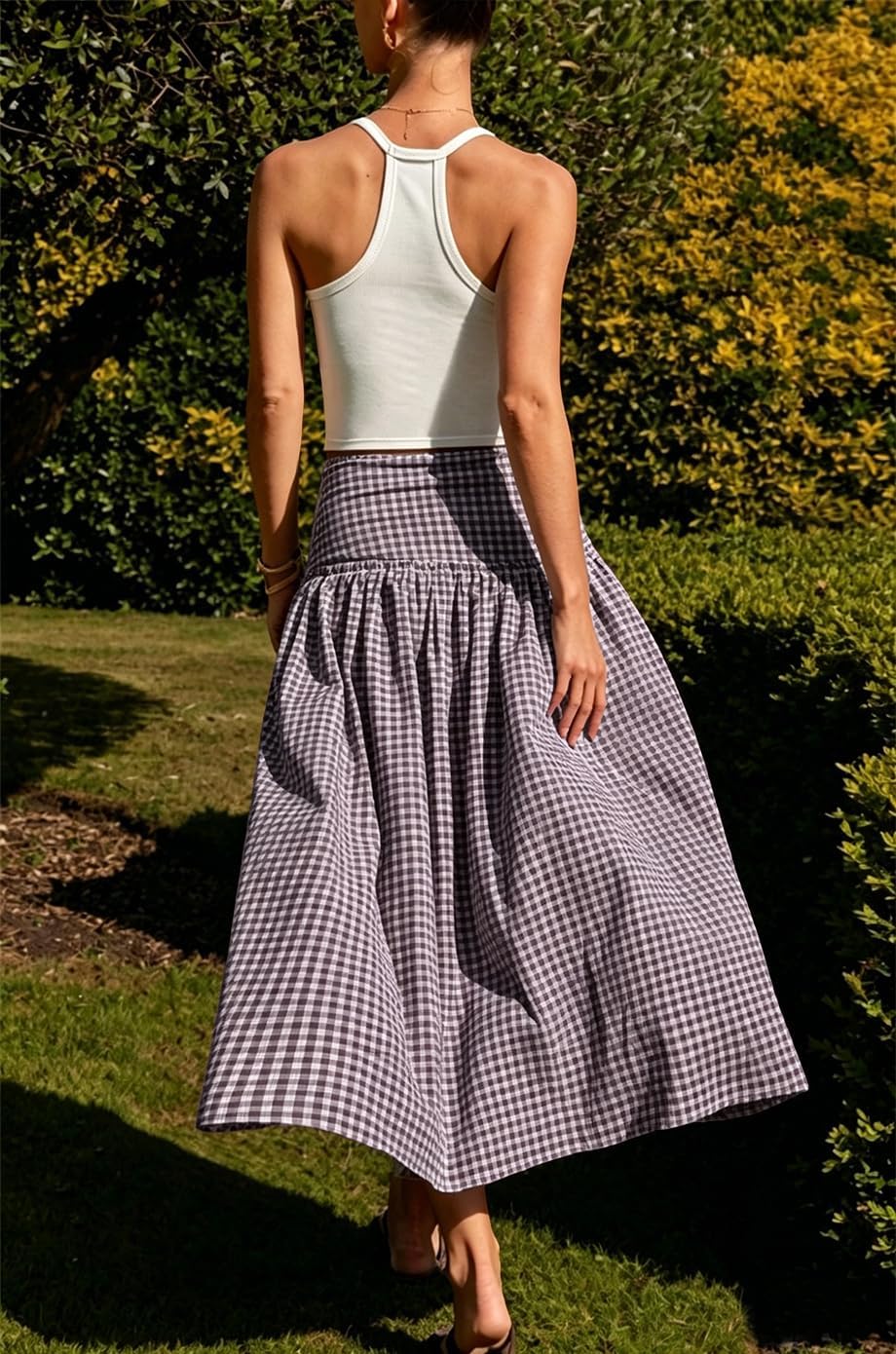 ebossy Women's Stretchy High Waist Smocked Gingham Skirt Tiered Ruffle Flowy A-Line Pastoral Midi Skirt with Pockets