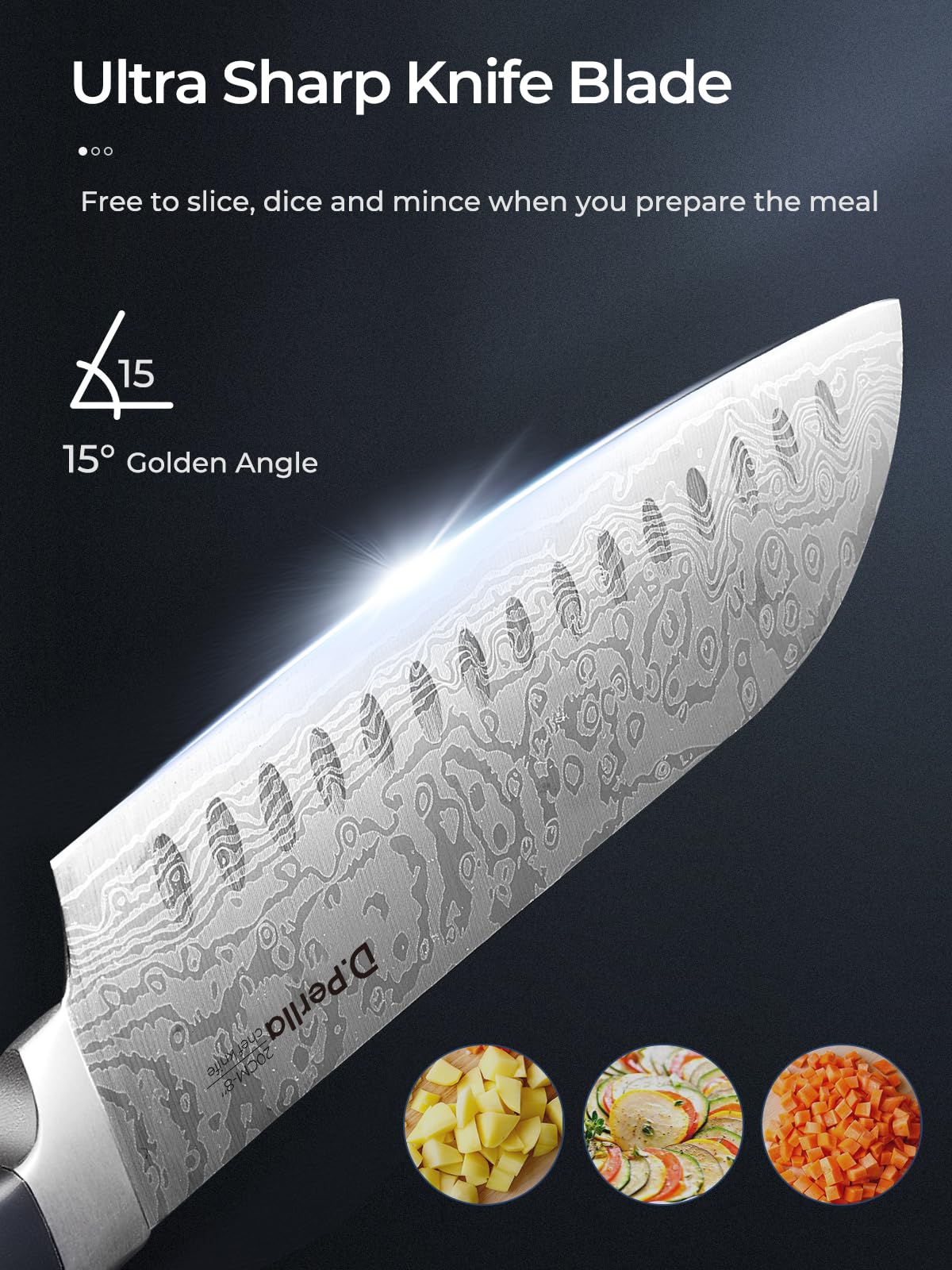 D.Perlla Couteau Cuisine, 14 Pièces Bloc de Couteaux avec Technologie Affûteur Intégré, Couteaux de Cuisine en Acier Inoxydable, avec Bloc Couteaux en Bois, Compris Couteaux à Steak, Couteau de Chef