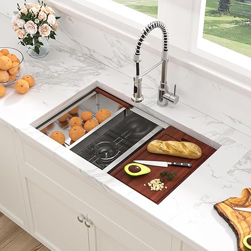 Vista 135 de Sarlai Fregadero doble de 33 piezas para empotrar - Fregadero de cocina de 33 x 19 pulgadas, acero inoxidable de calibre 16, esquina redonda, doble