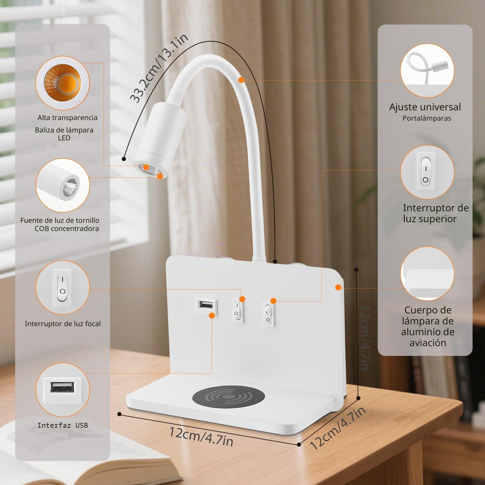 Lámpara de lectura de pared con cargador inalámbrico, 9W+3W Aplique cabecera de cama con interruptor y carga USB, lámpara de lectura de pared lectura flexible moderna lámpara de pared dormitorio