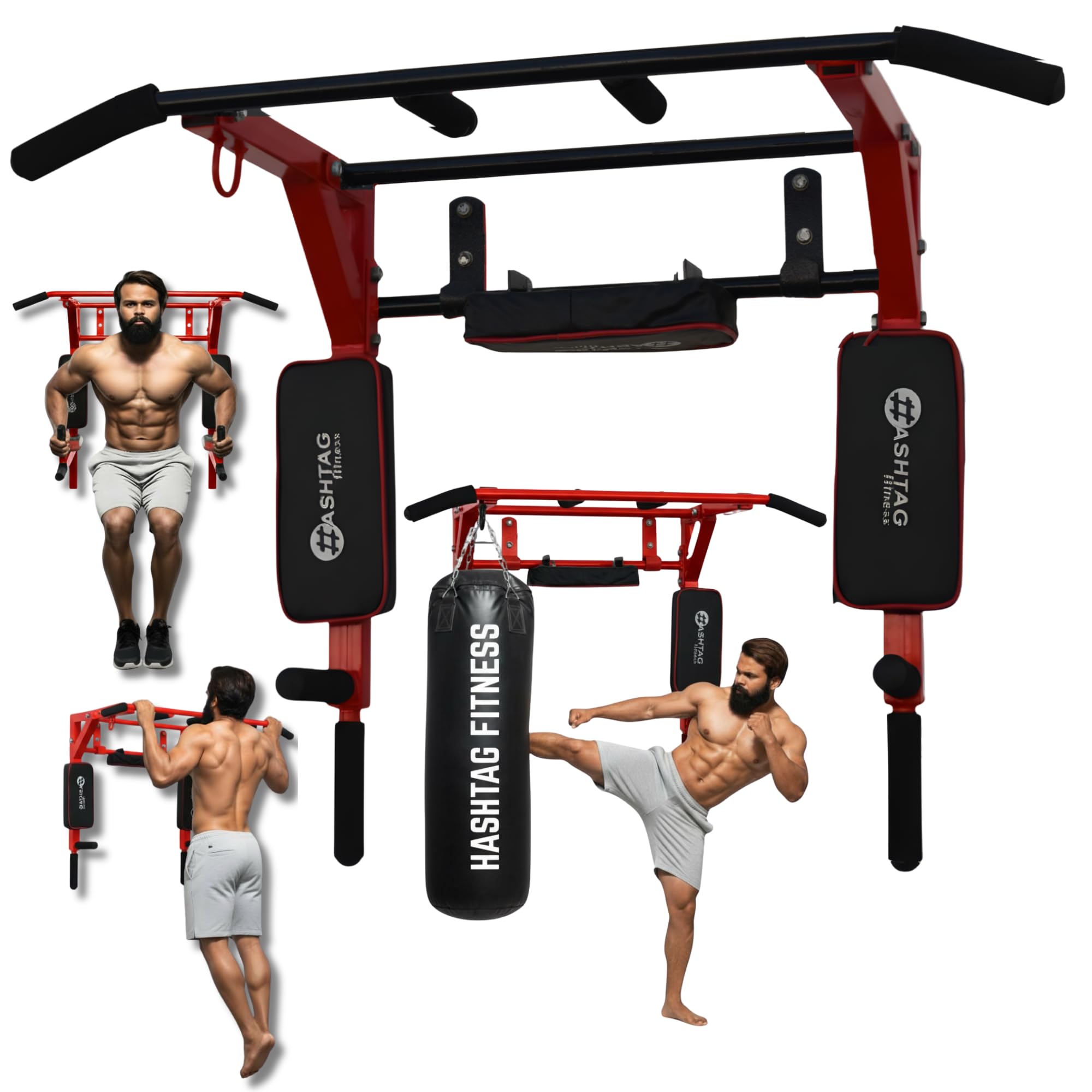 Hashtag Fitness pull up bar stand height increase equipment,pushup bar for home gym & dips stand (red)