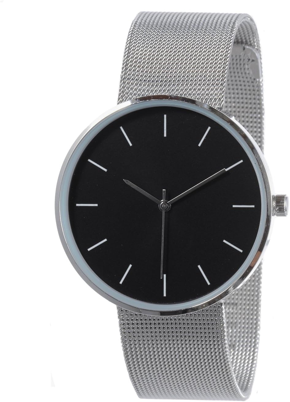 Simple Round Black Face Silver Tone Metal Mesh Strap Design Watch