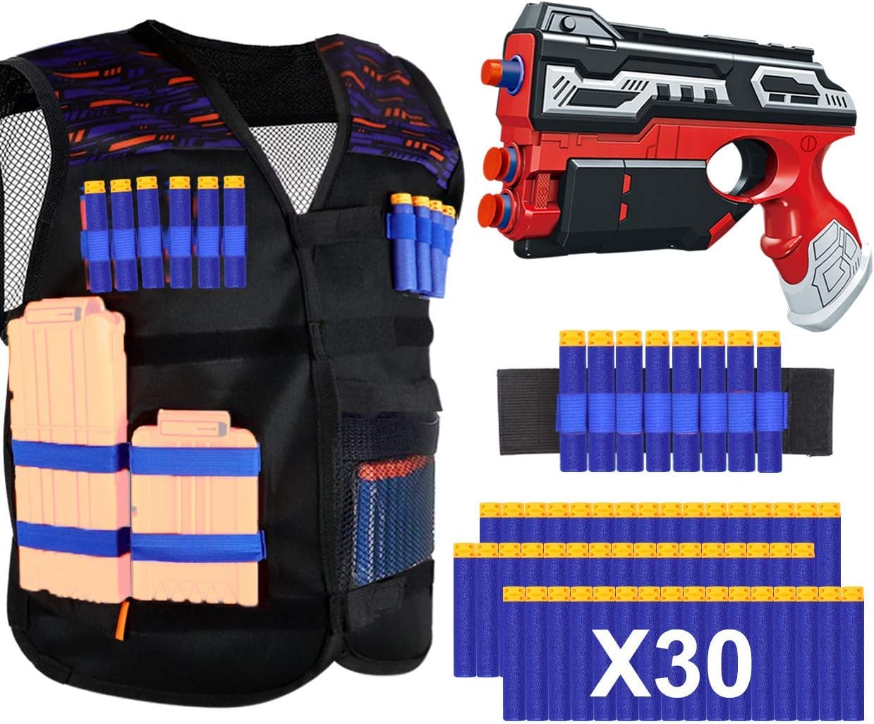 POKONBOY Tactical Vest Kits Compatible with Nerf Guns N-Strike Elite Series, Blaster Gun and Tactical Vest with Refill Darts and Wristband for Boys Girls