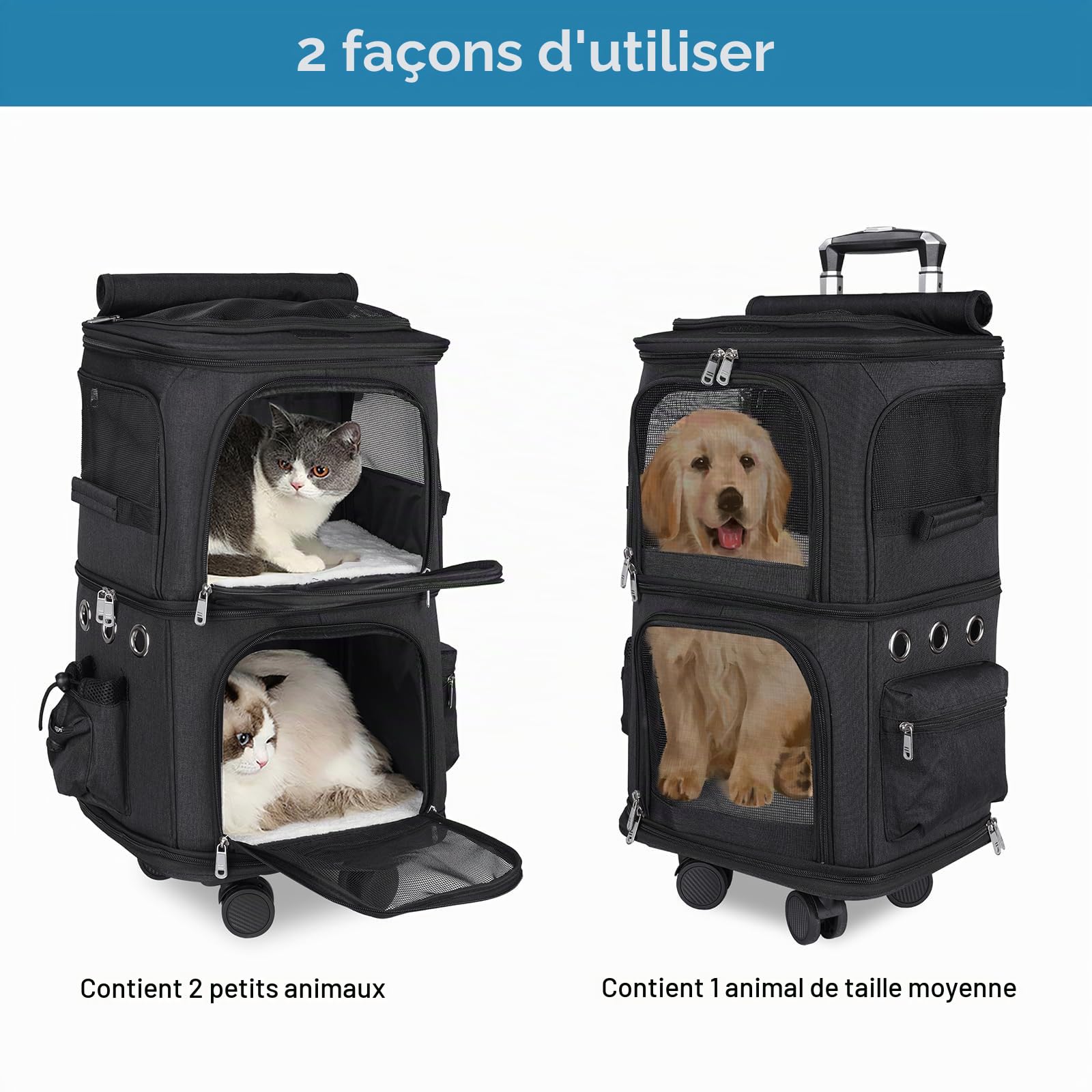 Sac à Dos Double 2 en 1 pour Petits Chats et Chiens Sac à Dos de Transport à Double Compartiment a roulettes Sac Transport Chat pour Les Voyages,Randonnée,Camping, Grande Taille (Noir)