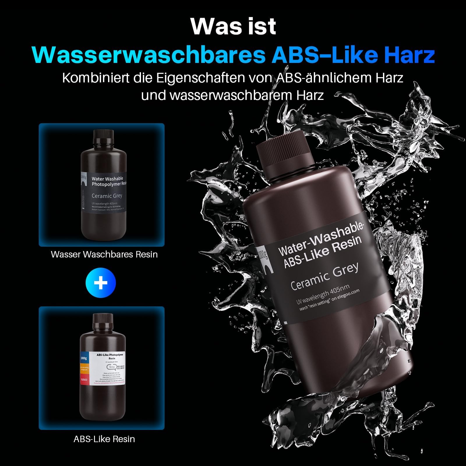 ELEGOO Wasser Waschbares ABS-Like Resin, Water Washable 3D Drucker Resin mit Hohe Haltbarkeit und Zähigkeit, Geringer Geruch, Breite Kompatibilität für MSLA/LCD/DLP 3D Drucker, 2000g Grau