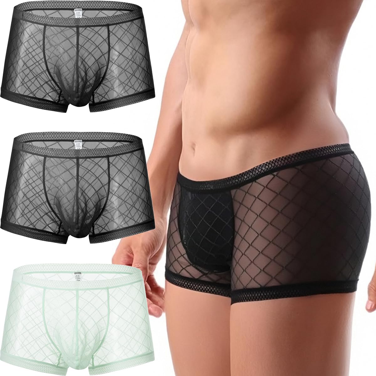 YINYOUYU Mens See Through Boxers Sexy Mesh Lace Trunk Underwear Seamless Thin Bulge Pouch Boxer Briefs