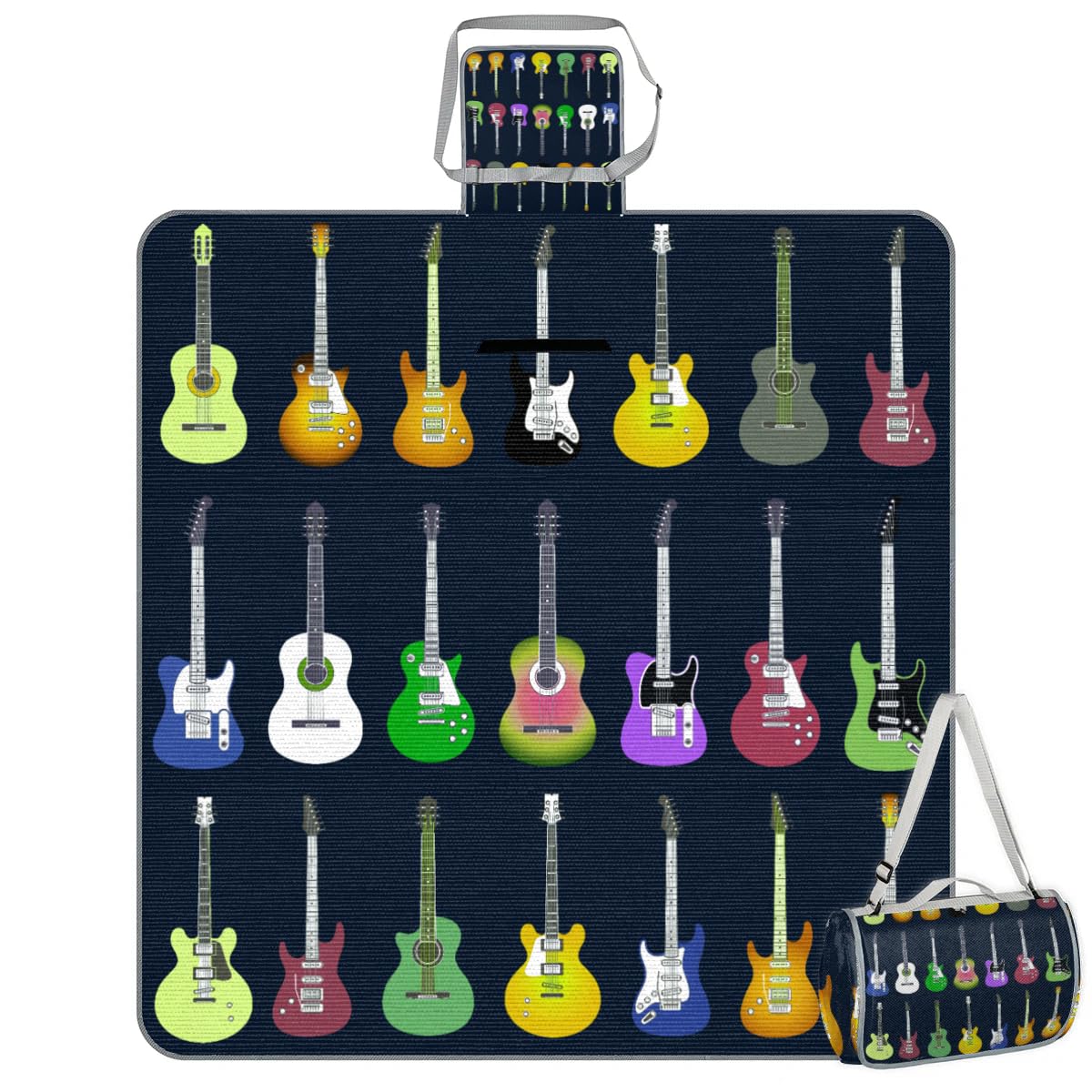Manta de picnic de 150 x 145 cm, manta de playa plegable con música colorida y guitarra eléctrica para exteriores, impermeable, para playa, camping, senderismo, picnic