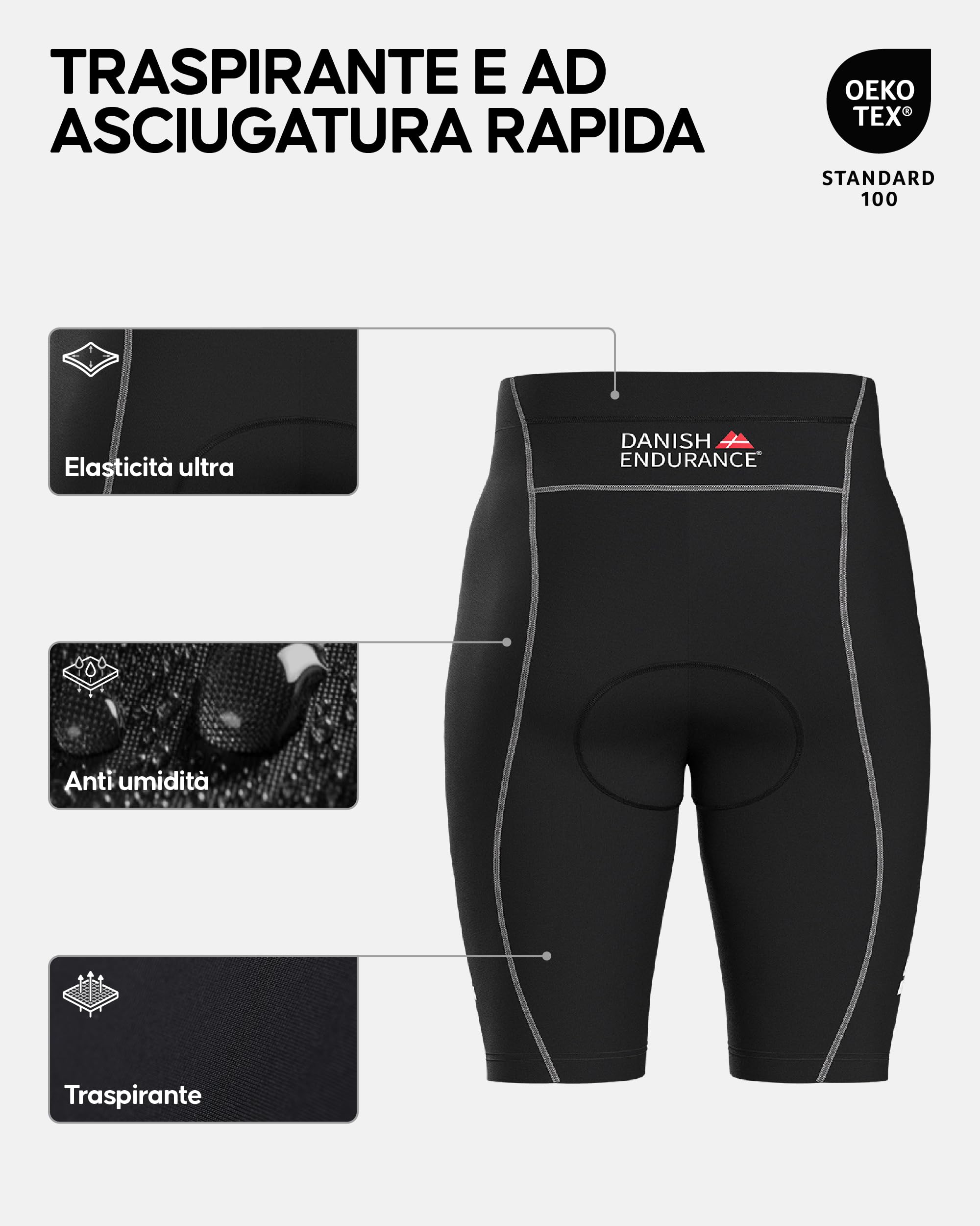 DANISH ENDURANCE Pantaloncini da Ciclismo da Uomo, per Bicicletta, Imbottiti in Gel 3D, Elastici, Traspiranti