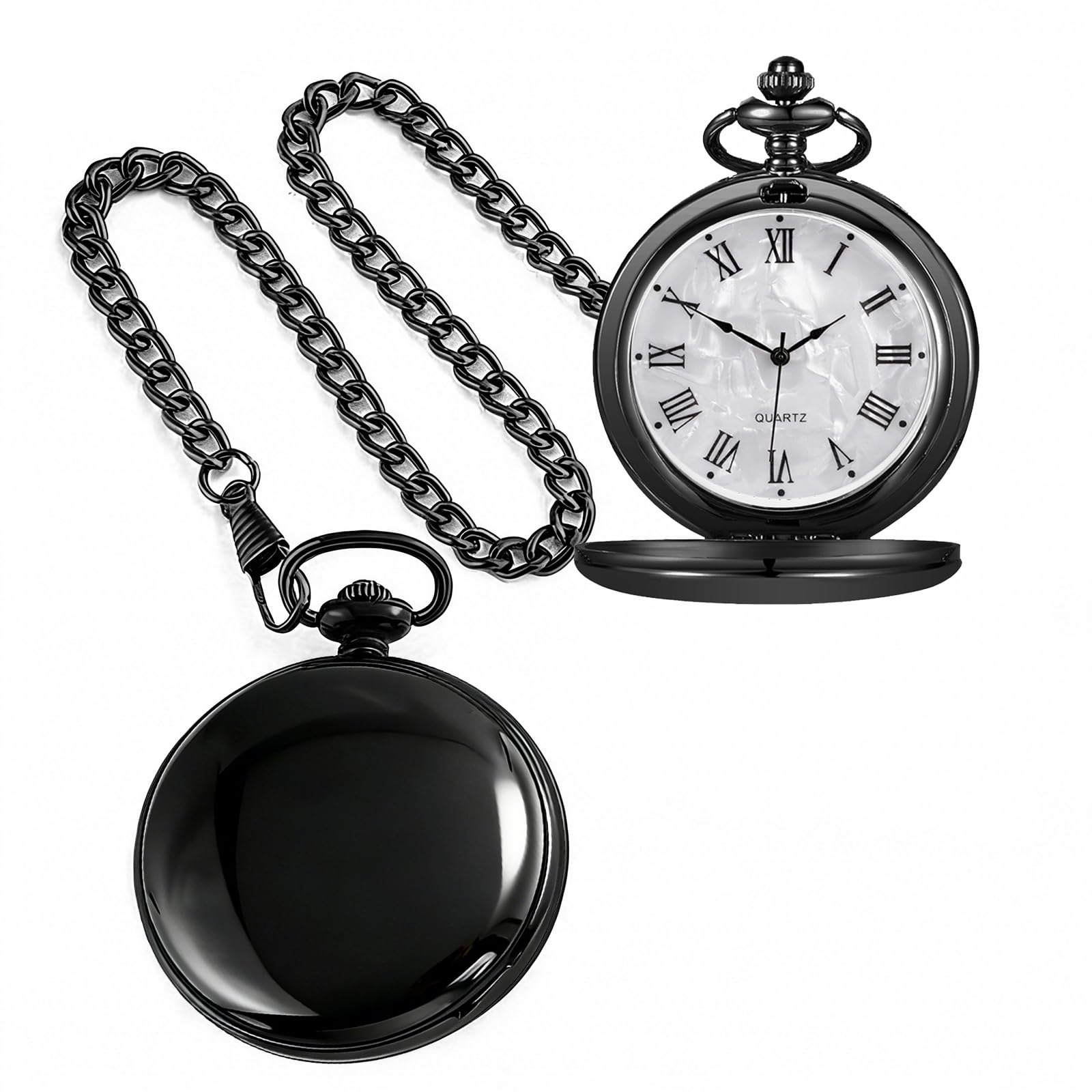 tiong Smooth Vintage Alloy Pocket Watch with Chain Roman Numerals Scale, black silver, 复古-picture-25