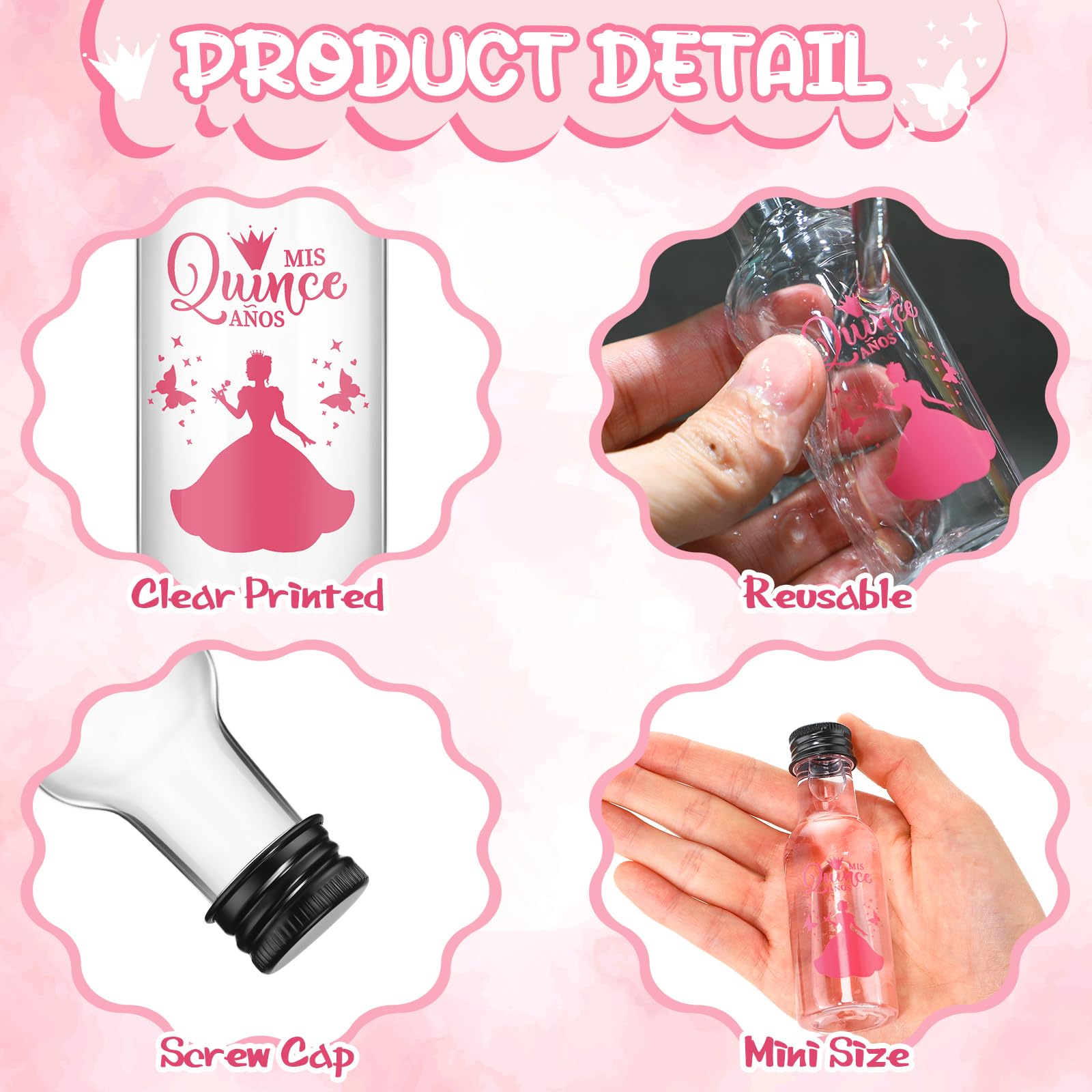 Jingmore 50 Pcs Quinceanera Mini Liquor Bottle Mis Quince Anos 1.7oz Empty Plastic Shot Bottle with Black Screw Cap 1 Funnel Sweet 15 Year Birthday Gift for Guest Recuerdos De Quinceañera Favor(Pink)