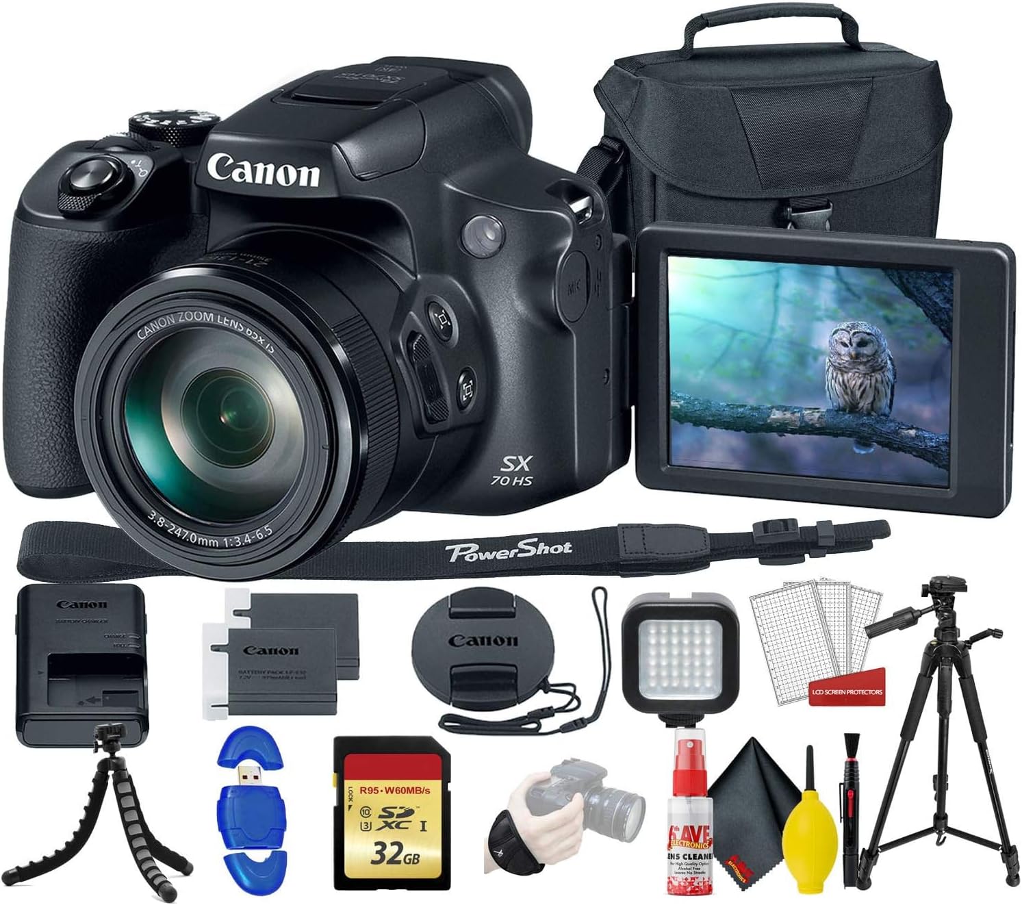 Canon PowerShot SX70 HS Digital Camera (3071C001) with 32GB Memory Card, Padded Case, Spider Tripod, LED Light, Extra Battery, Full Size Tripod, Cleaning Kit, and More