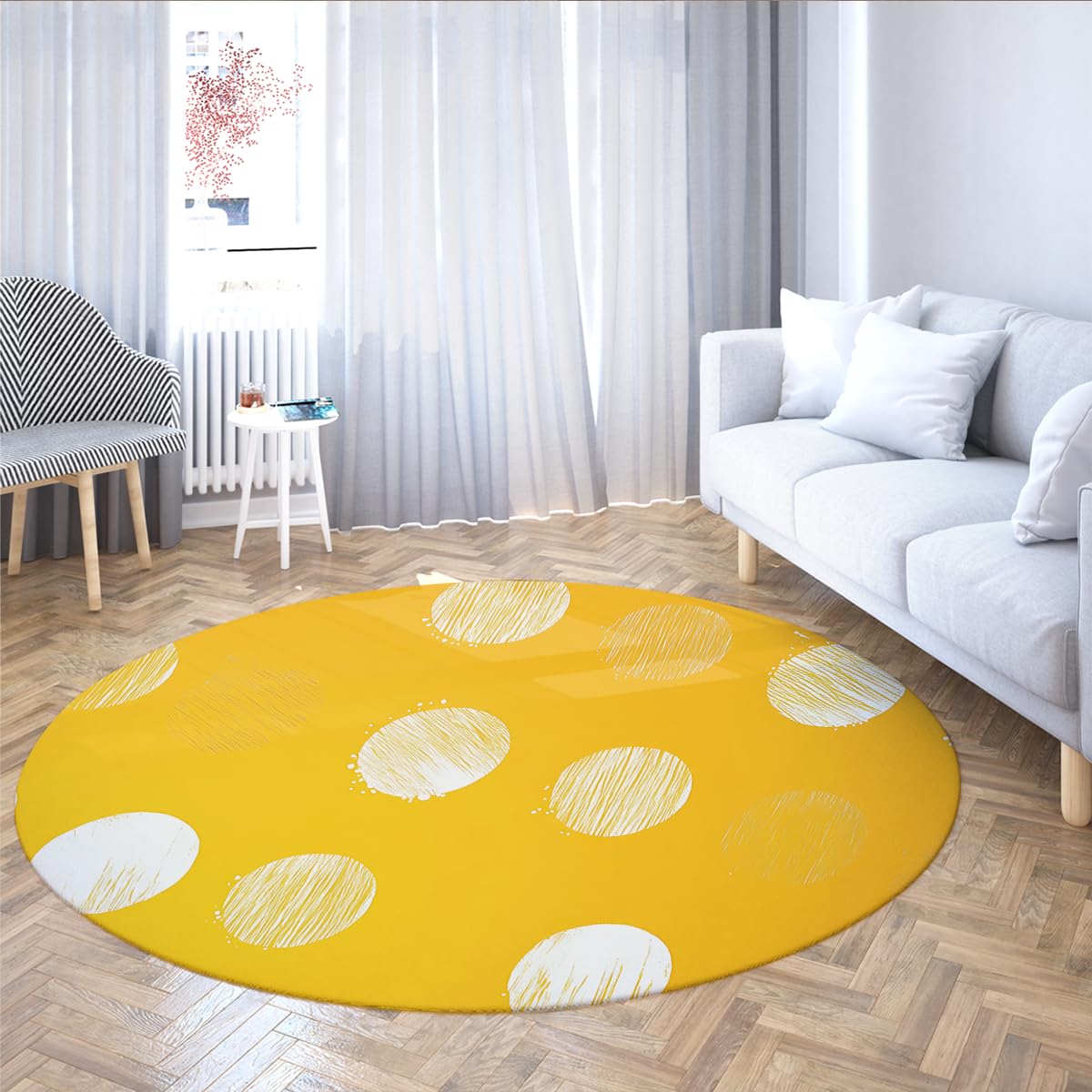 Tapis lavable rond 180cm jaune et blanc grand format antidérapant pour cuisine et chambre
