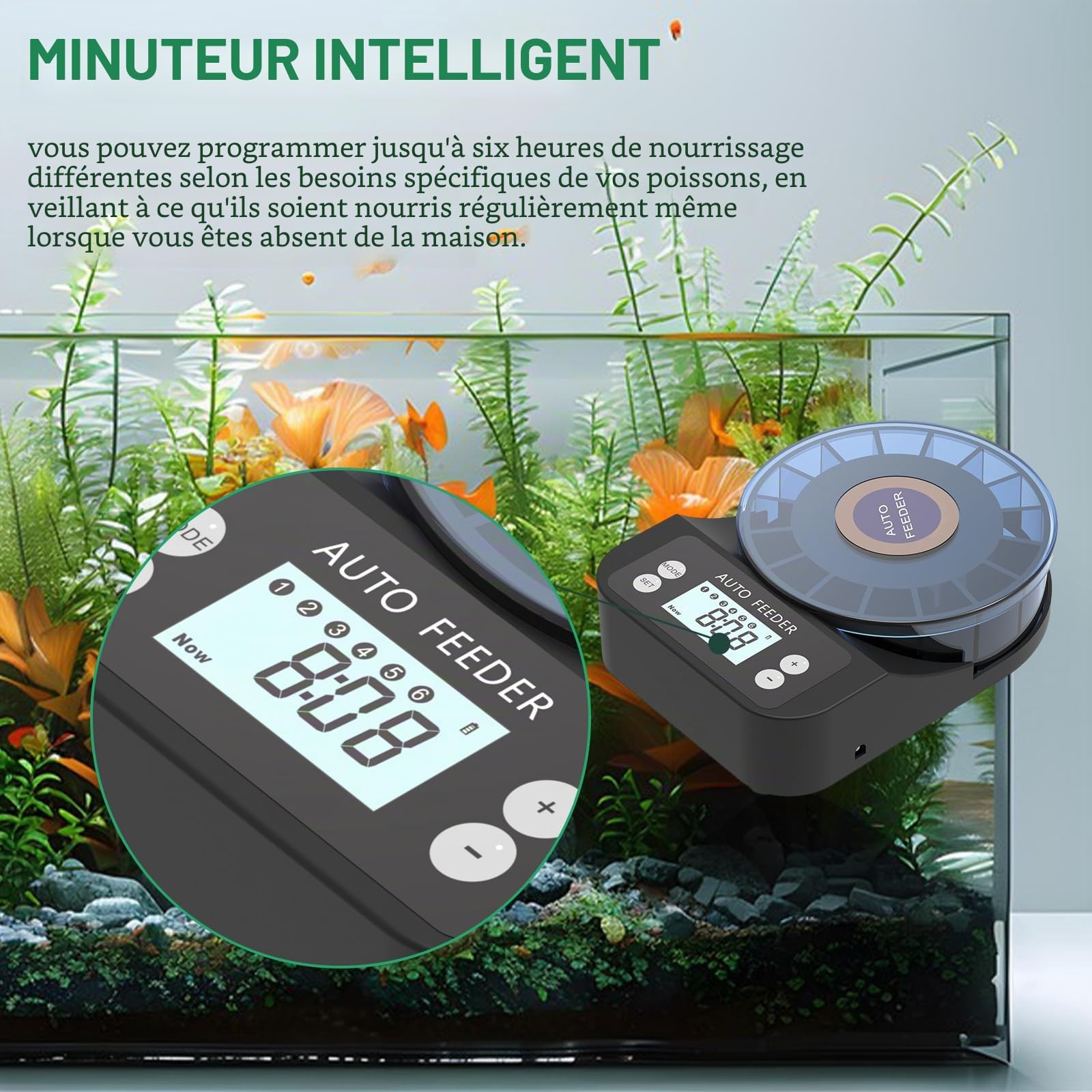 60 ML mangeoire Automatique pour Poissons d'aquarium, Distributeur Automatique de Nourriture avec minuterie, mangeoire Rechargeable avec câble USB, écran LCD
