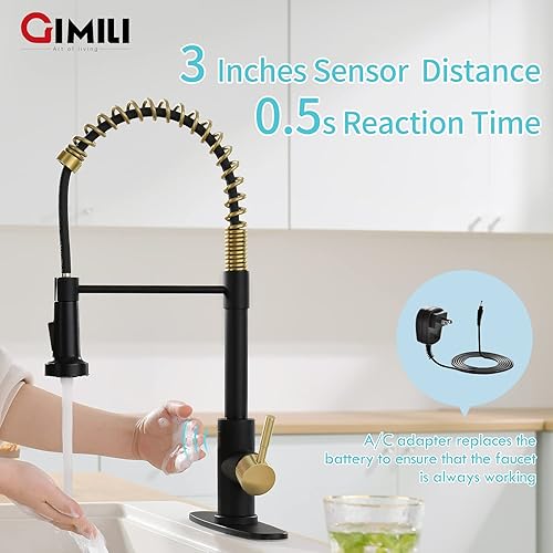 Miniatura 3 de GIMILI Grifo de cocina sin contacto negro y dorado con adaptador AC, grifo de fregadero de cocina manos libres con sensor de movimiento inteligente